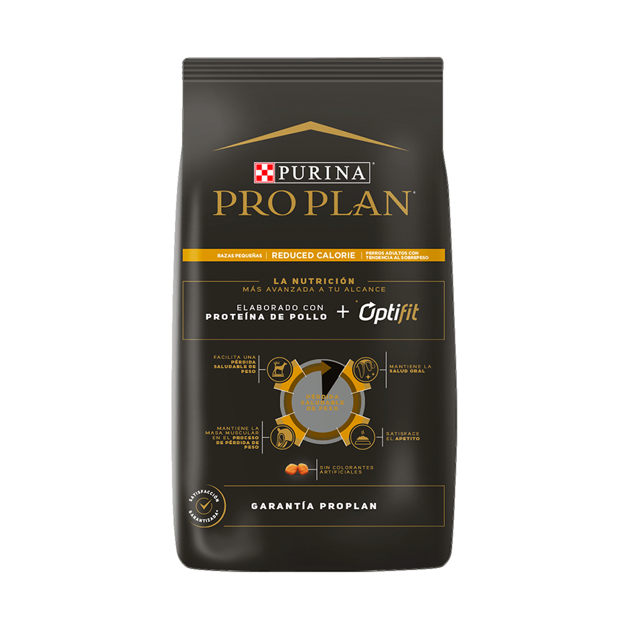 Empaque de Pro Plan® Reduced Calorie Adulto Razas Pequeñas con Optifit® Sabor Pollo, vista posterior