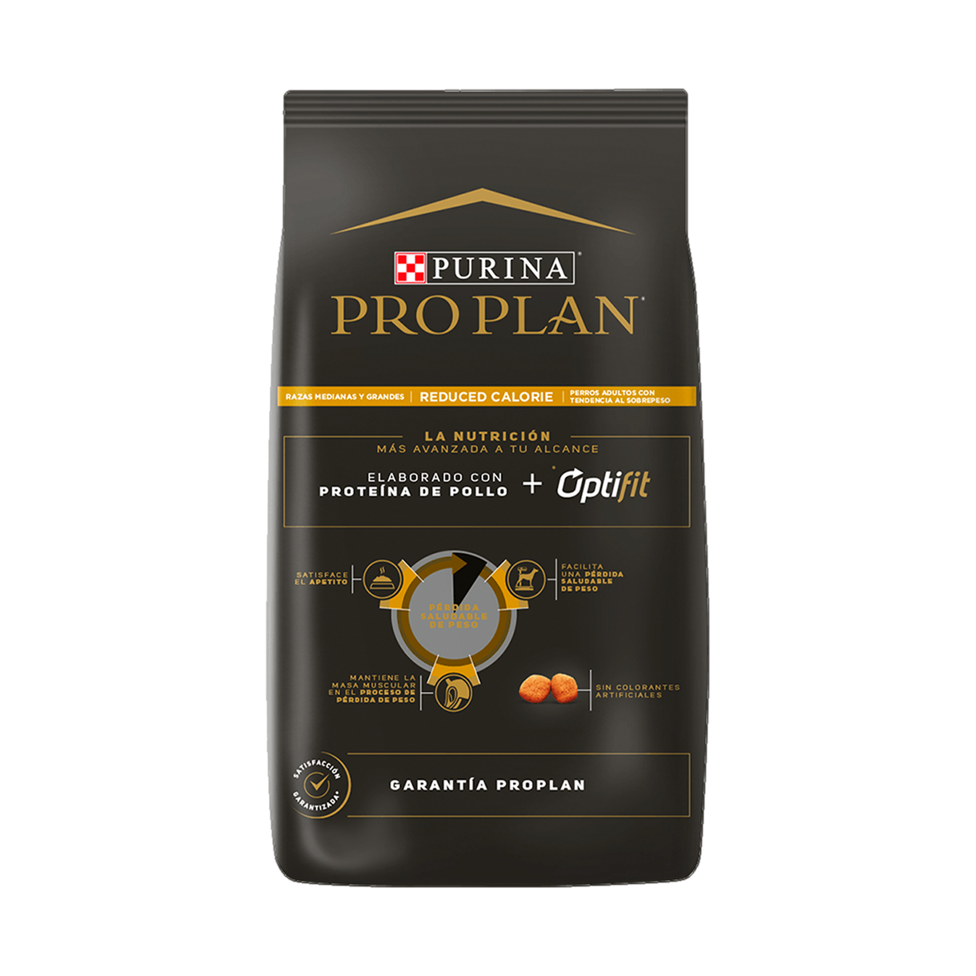 Empaque de Pro Plan® Reduced Calorie Adulto Todas las Razas con Optifit® Sabor Pollo, vista posterior