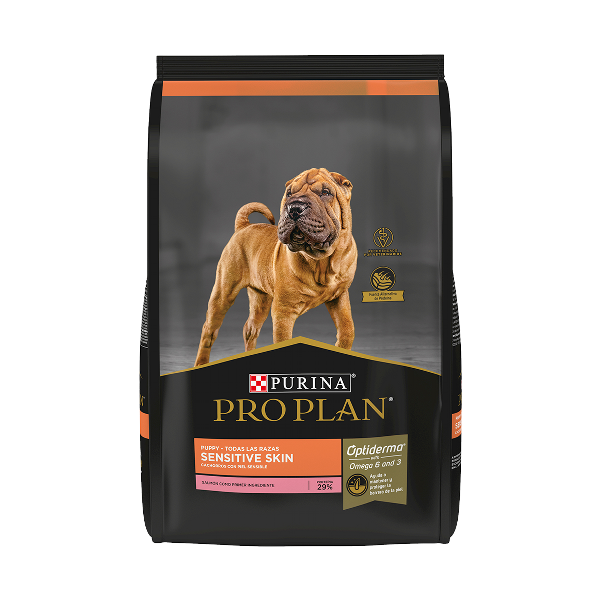 Empaque de Pro Plan® Sensitive Skin Cachorro Todas las Razas con Optiderma® Sabor Salmón, vista frontal