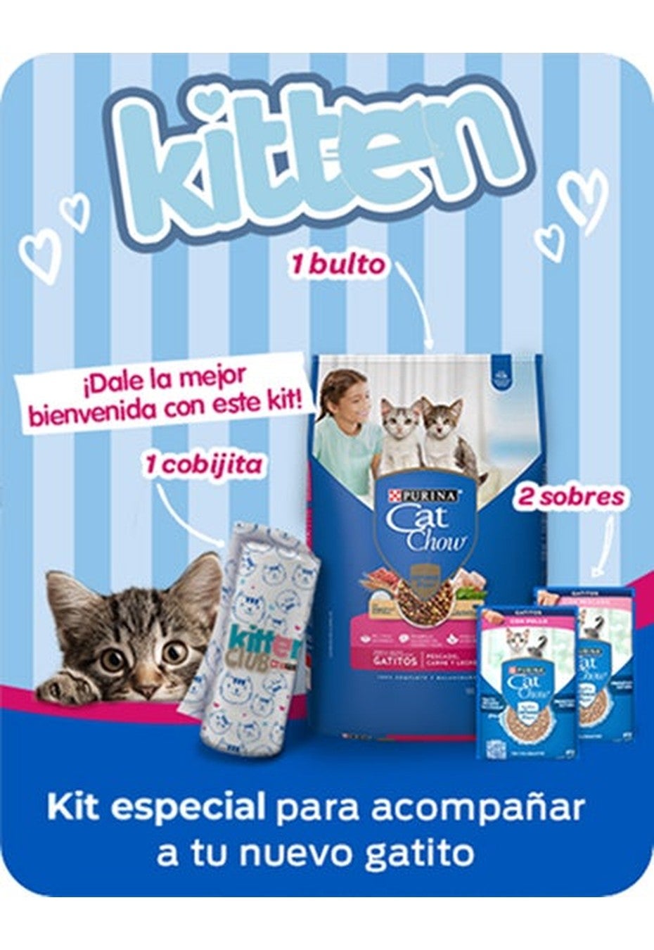 Kit especial para acompañar a tu nuevo gatito: 1 bulto y 2 sobres de Purina Cat Chow y 1 cobijita