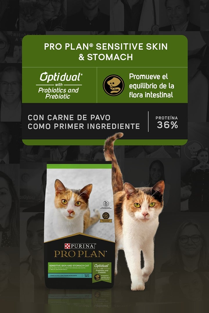 Purina® Pro Plan® Sensitive Skin & Stomach para gatos con Optidual® Probiotics and Prebiotic: promueve el equilibrio de la fl