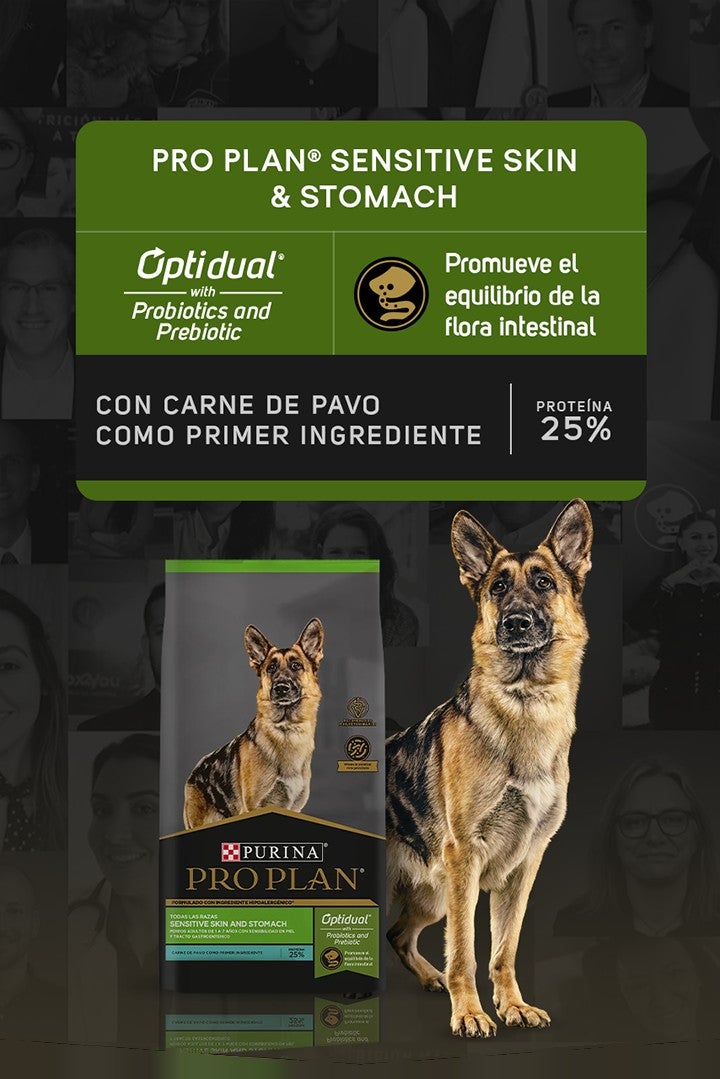 Purina® Pro Plan® Sensitive Skin & Stomach con Optidual® Probiotics and Prebiotic: fuente limitada y alternativa de proteína.