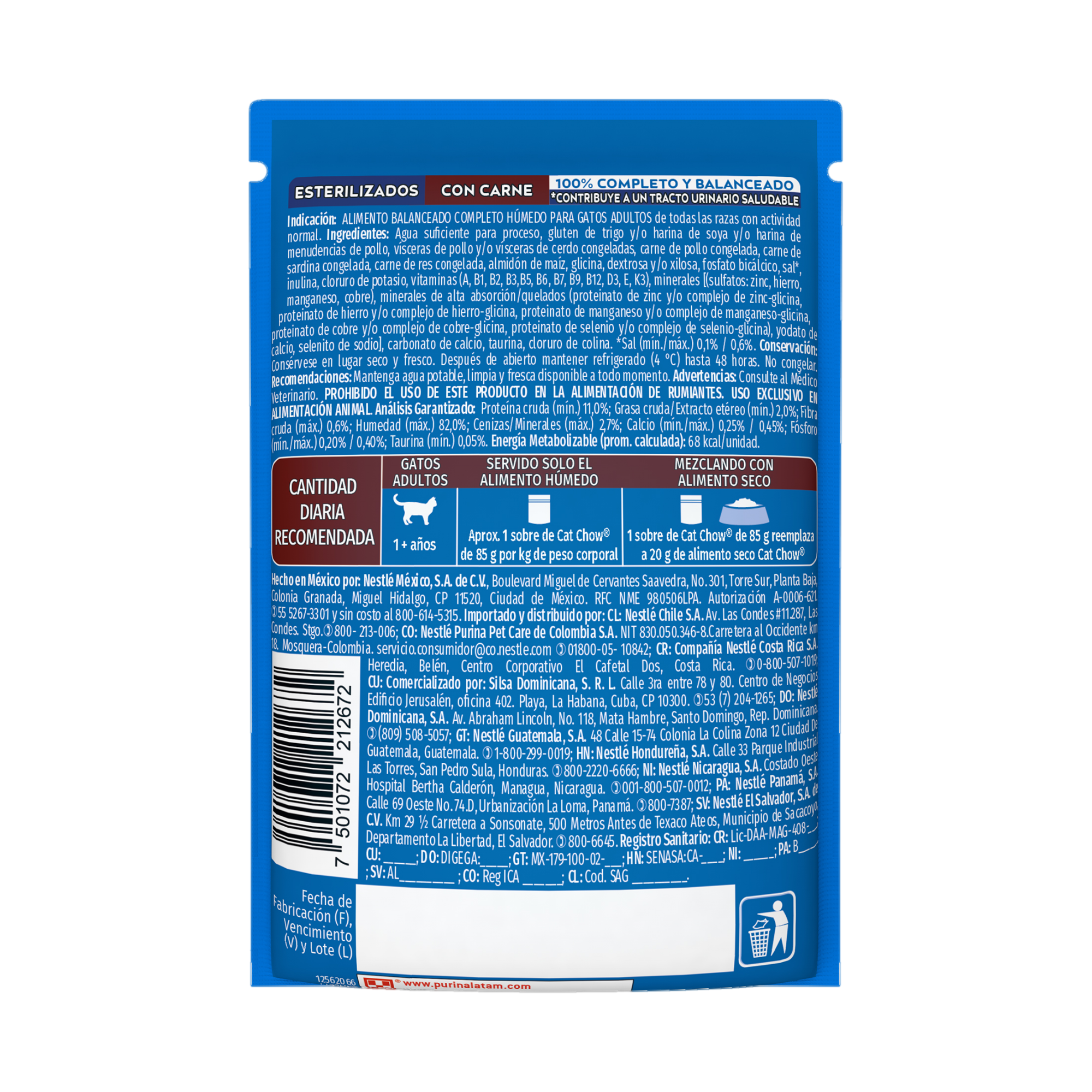 Empaque de Purina® Cat Chow® Alimento Húmedo Para Gatos Adultos Esterilizado Sabor Carne, vista posterior