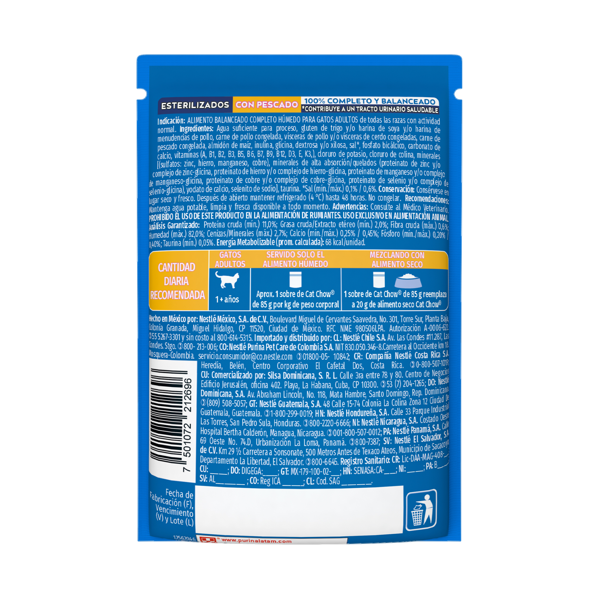 Empaque de Purina® Cat Chow® Alimento Húmedo Para Gatos Adultos Esterilizado Sabor Pescado, vista posterior