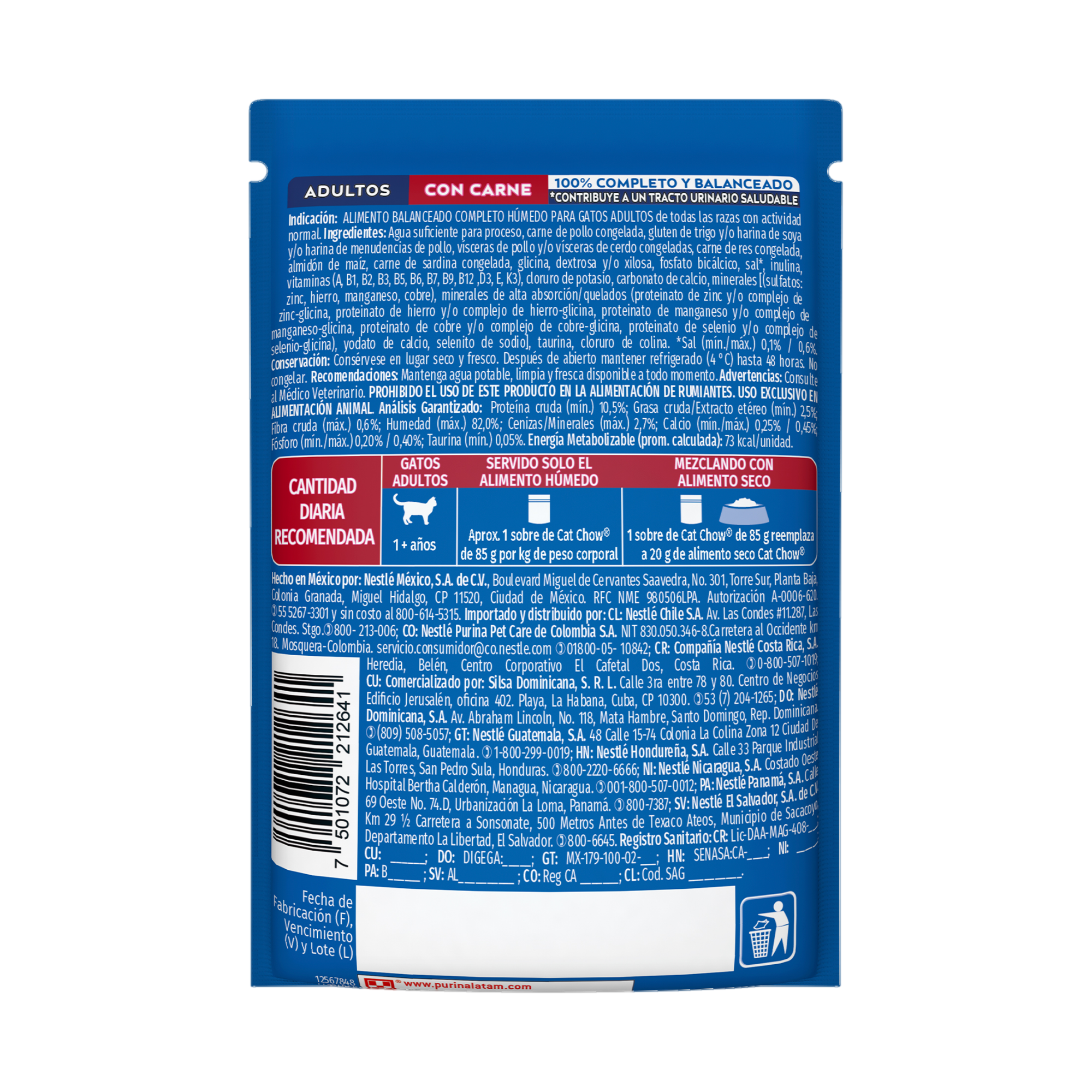 Empaque de Purina® Cat Chow® Alimento Húmedo Para Gatos Adultos Sabor Carne, vista posterior