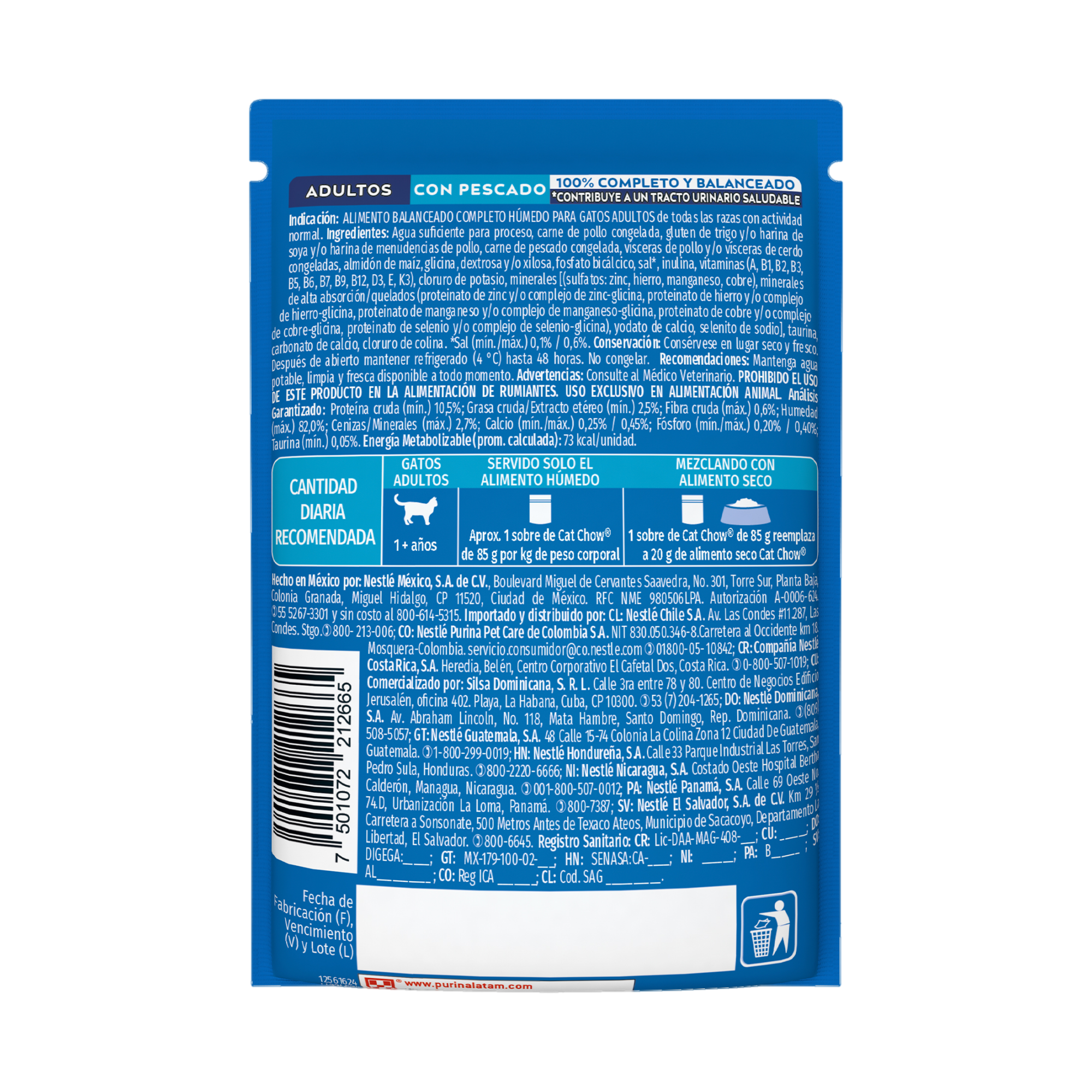 Empaque de Purina® Cat Chow® Alimento Húmedo Para Gatos Adultos Sabor Pescado, vista posterior