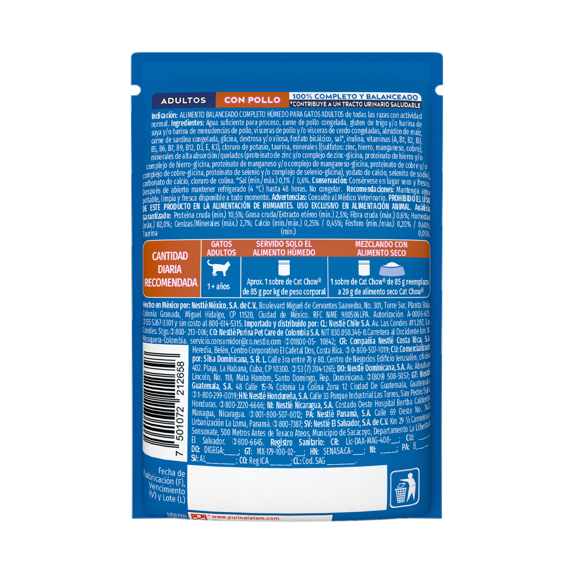 Empaque de Purina® Cat Chow® Alimento Húmedo Para Gatos Adultos Sabor Pollo, vista posterior