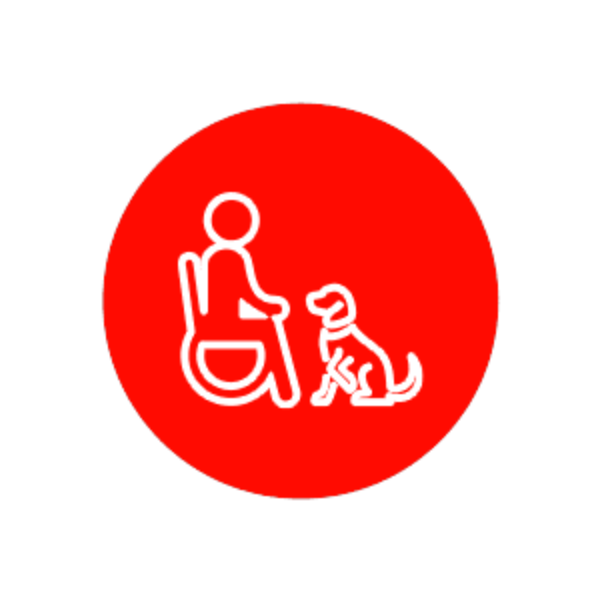 Ícono de una persona en silla de ruedas con un perro