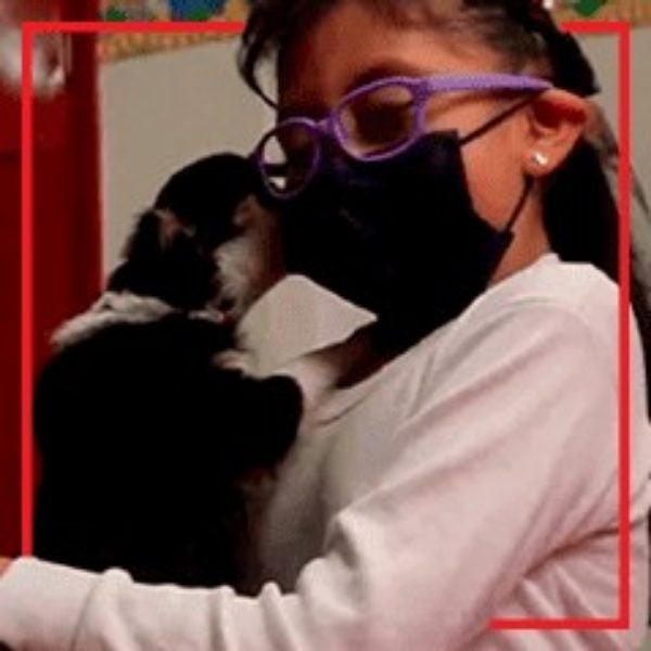 Katherine abraza a un perro de terapia