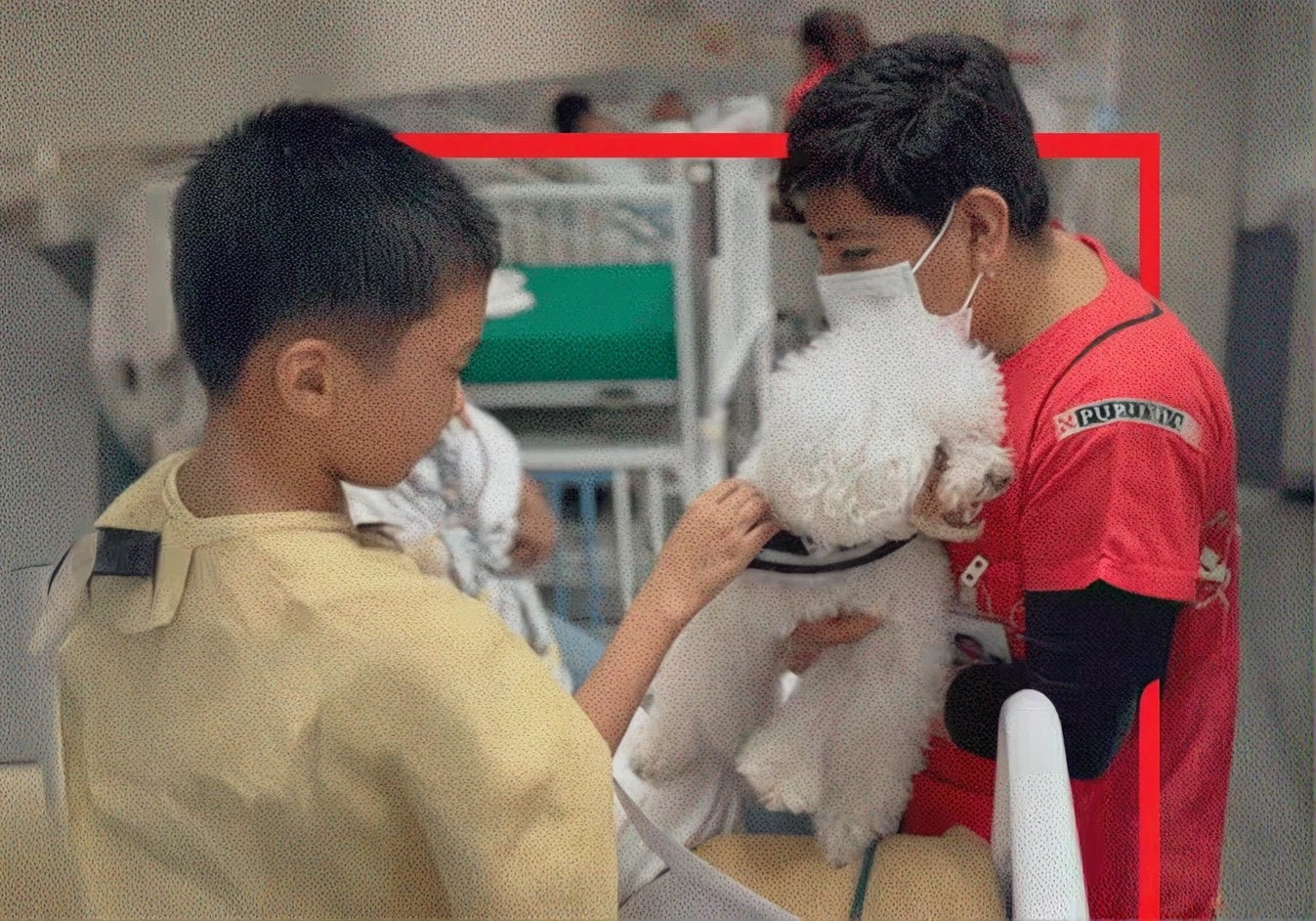 Niño acaricia a un perro de terapia junto a su técnica en un hospital