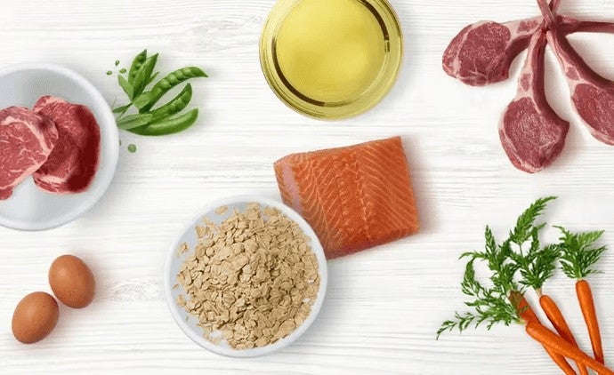 Ingredientes frescos: carne, salmón, huevo y verduras