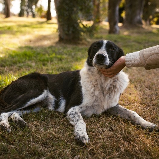 Perro blanco y negro recostado en el pasto mientras una persona le acaricia la cabeza