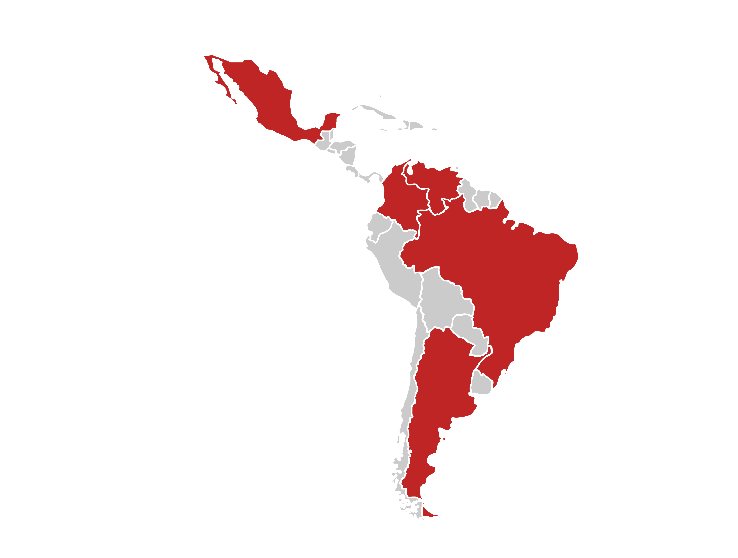 Mapa de América Latina con los países donde hay proyectos de agricultura regenerativa resaltados en rojo
