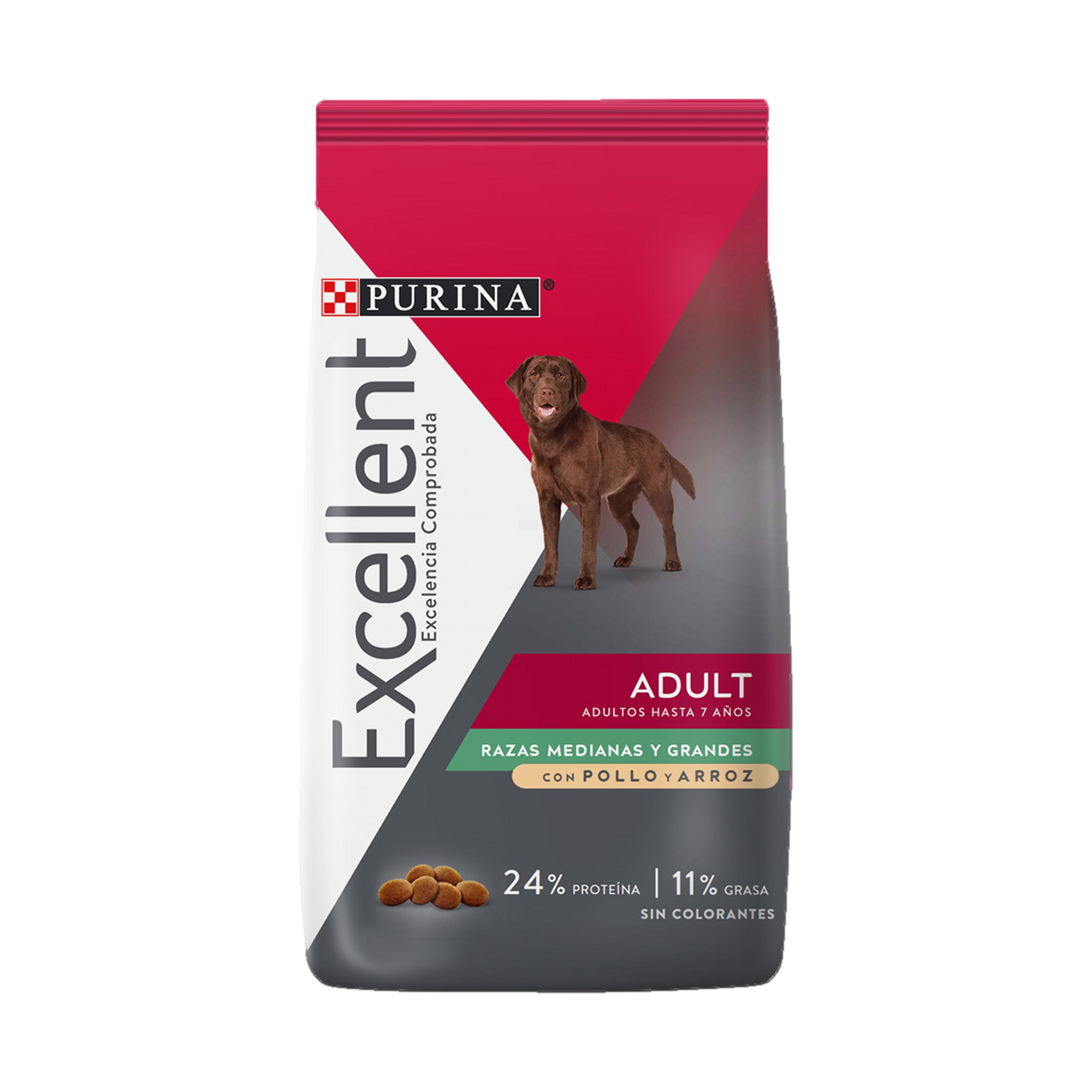 Empaque de Purina® Excellent® Adulto pollo y arroz razas medianas y grandes, vista frontal