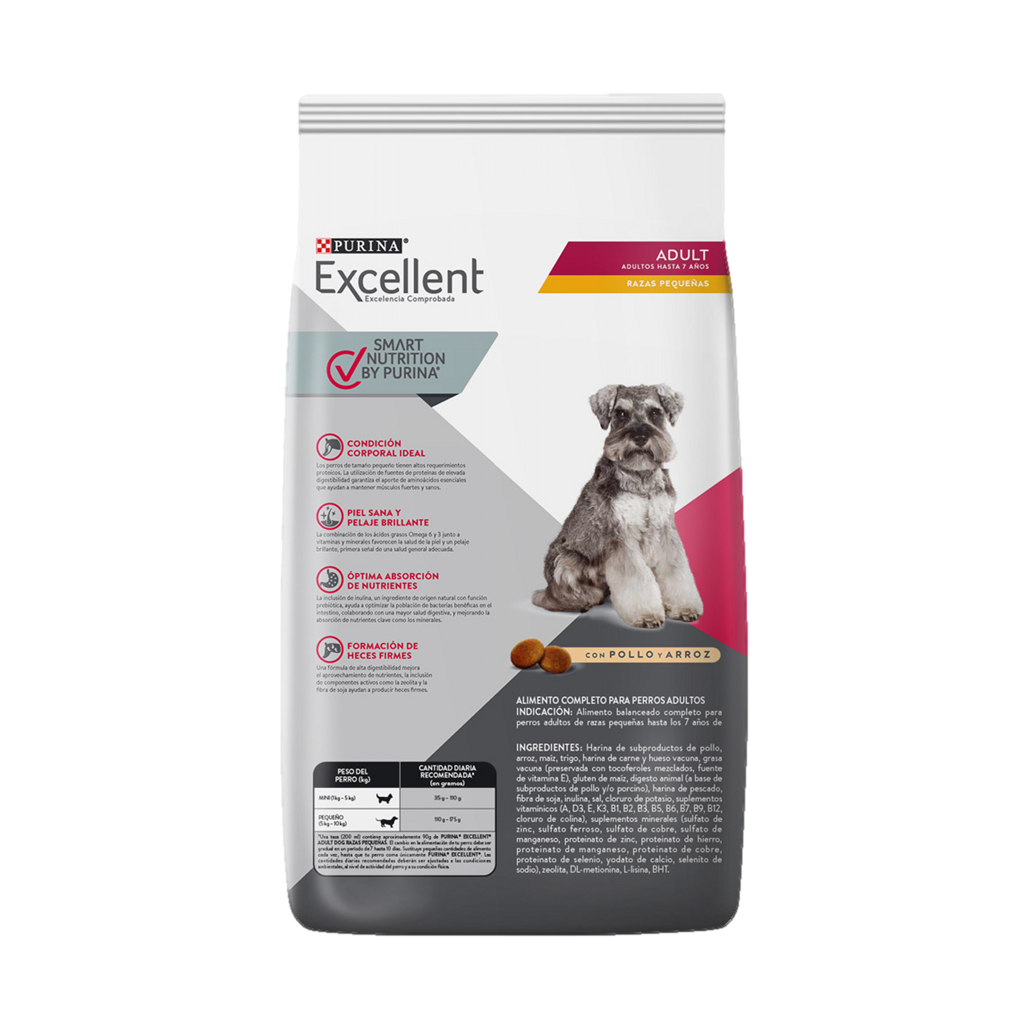 Empaque de Purina® Excellent® Adulto pollo y arroz razas minis y pequeñas, vista posterior