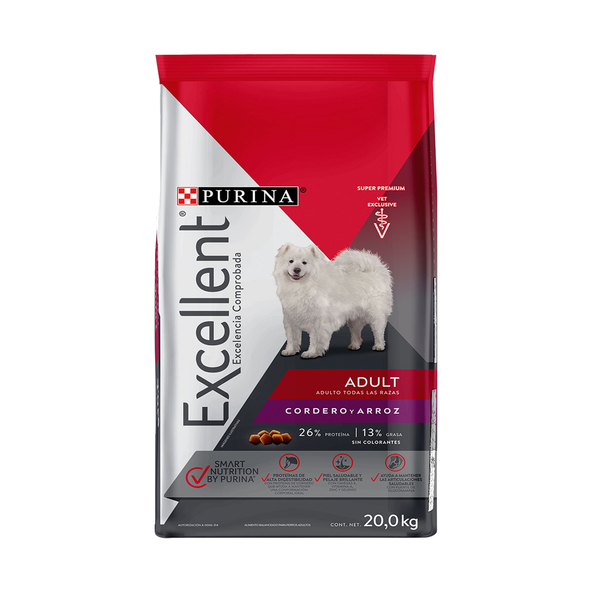 Empaque de Purina® Excellent® Adulto todas las razas de cordero y arroz, vista frontal
