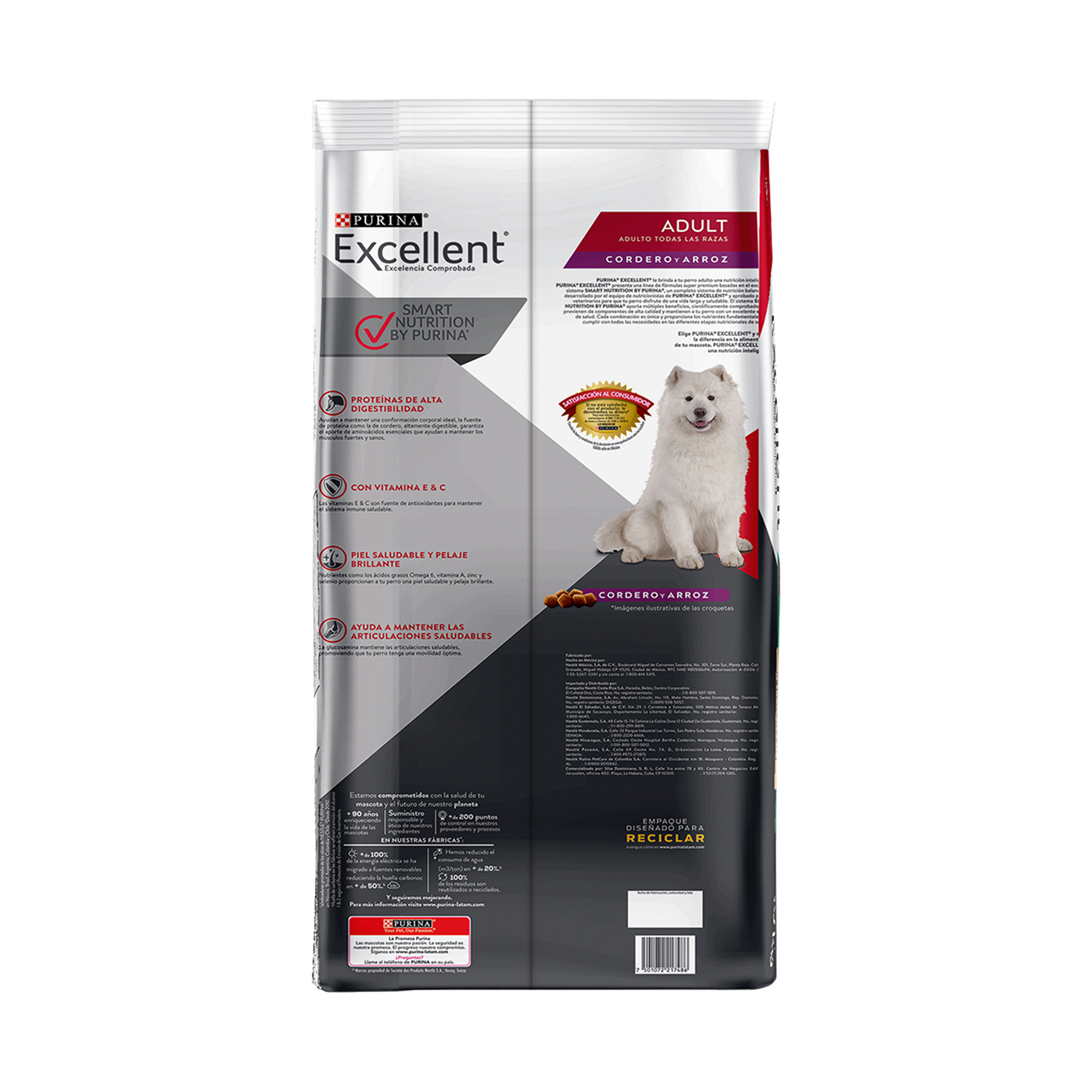 Empaque de Purina® Excellent® Adulto todas las razas de cordero y arroz, vista posterior