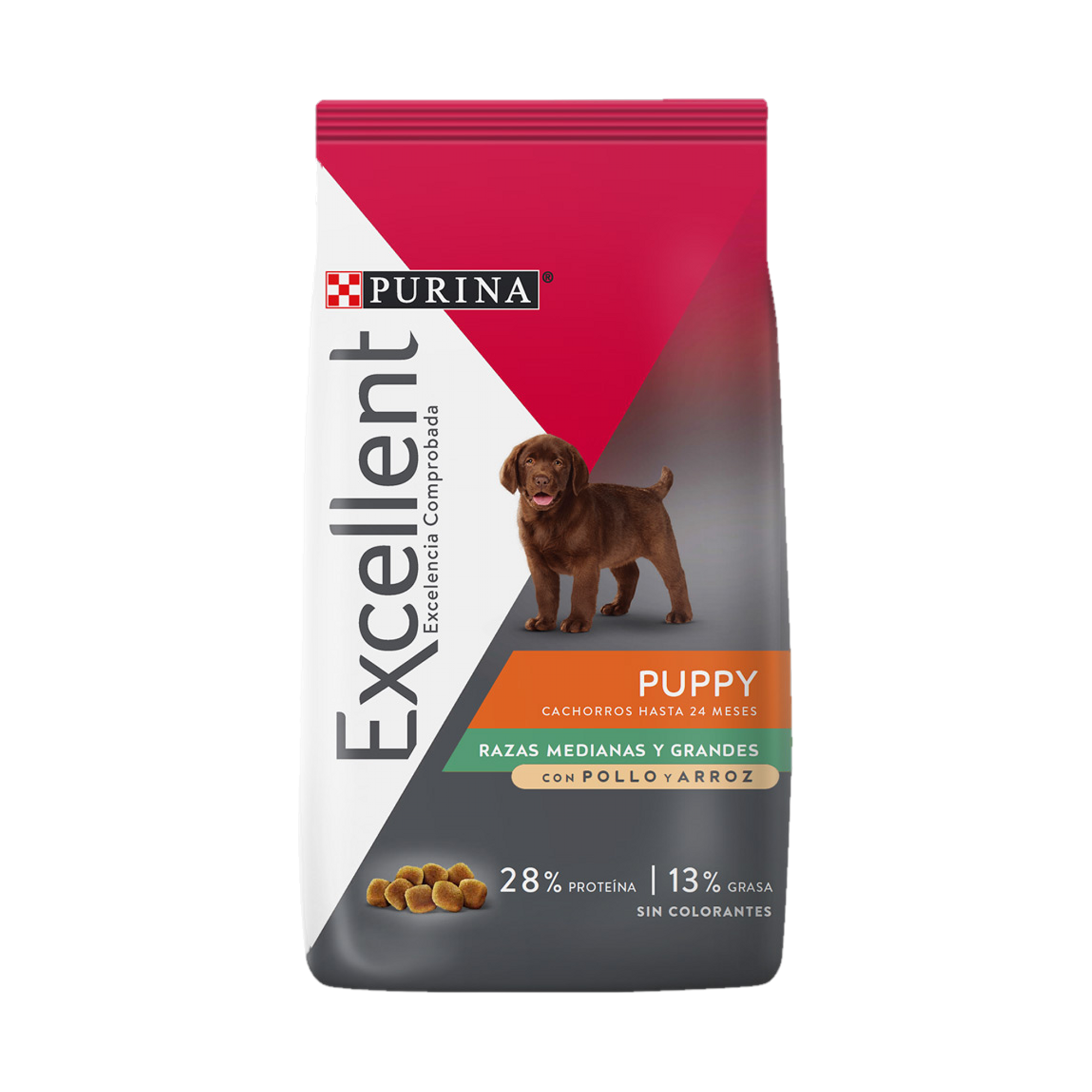 Empaque de Purina® Excellent® Cachorro pollo y arroz razas medianas y grandes, vista frontal