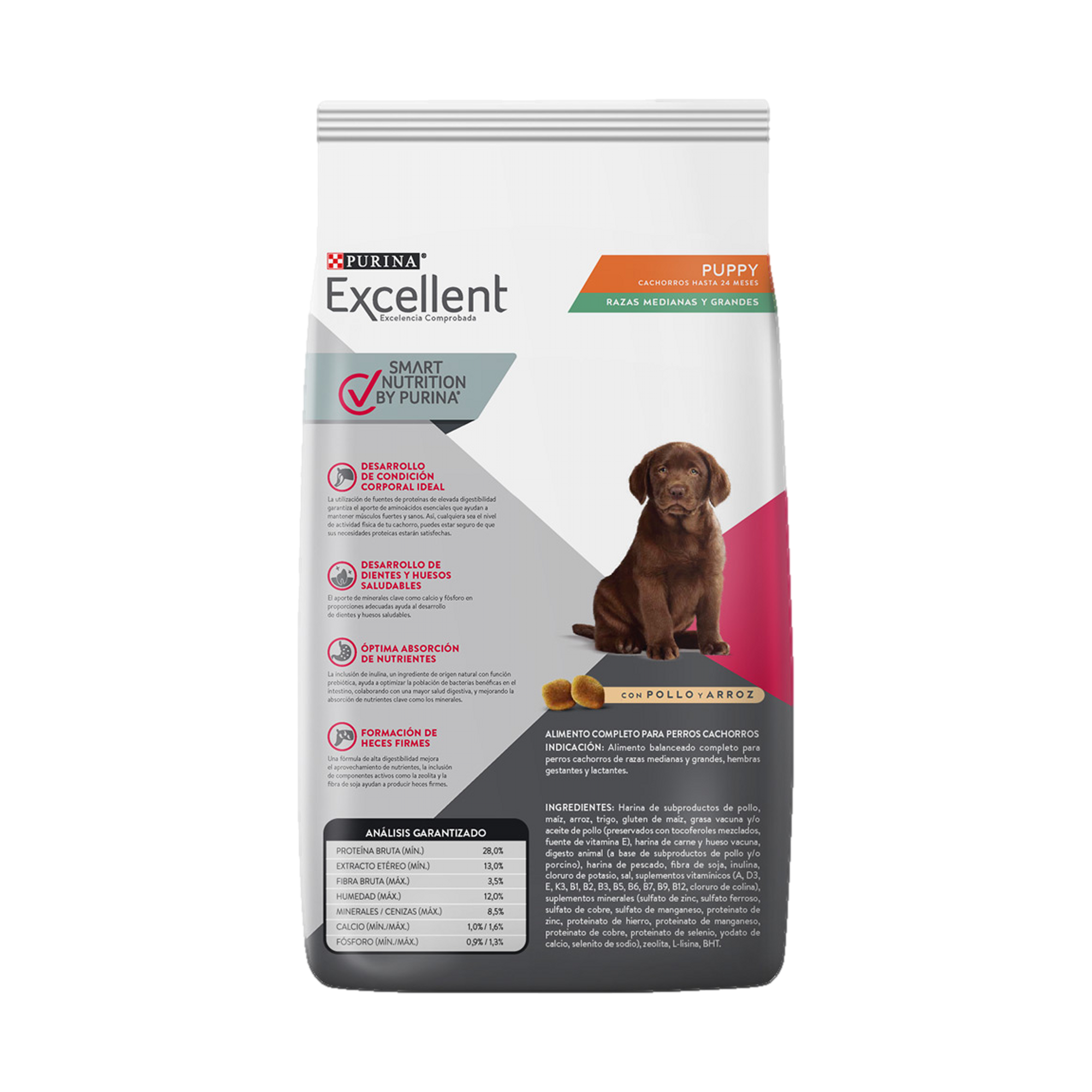 Empaque de Purina® Excellent® Cachorro pollo y arroz razas medianas y grandes, vista posterior