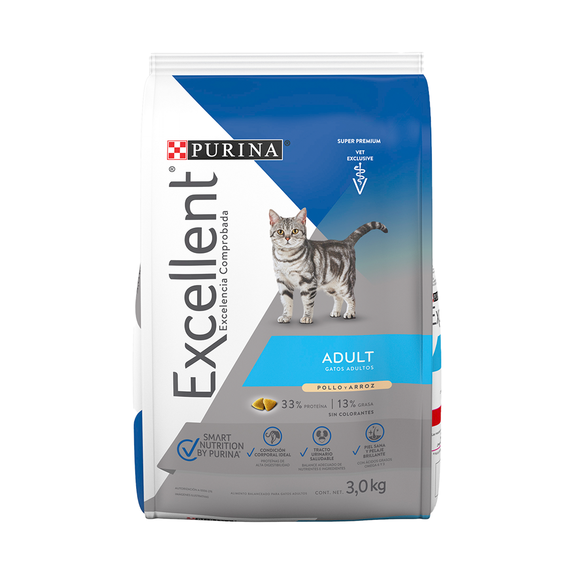 Empaque de Purina® Excellent® Gato adulto con pollo y arroz, vista frontal