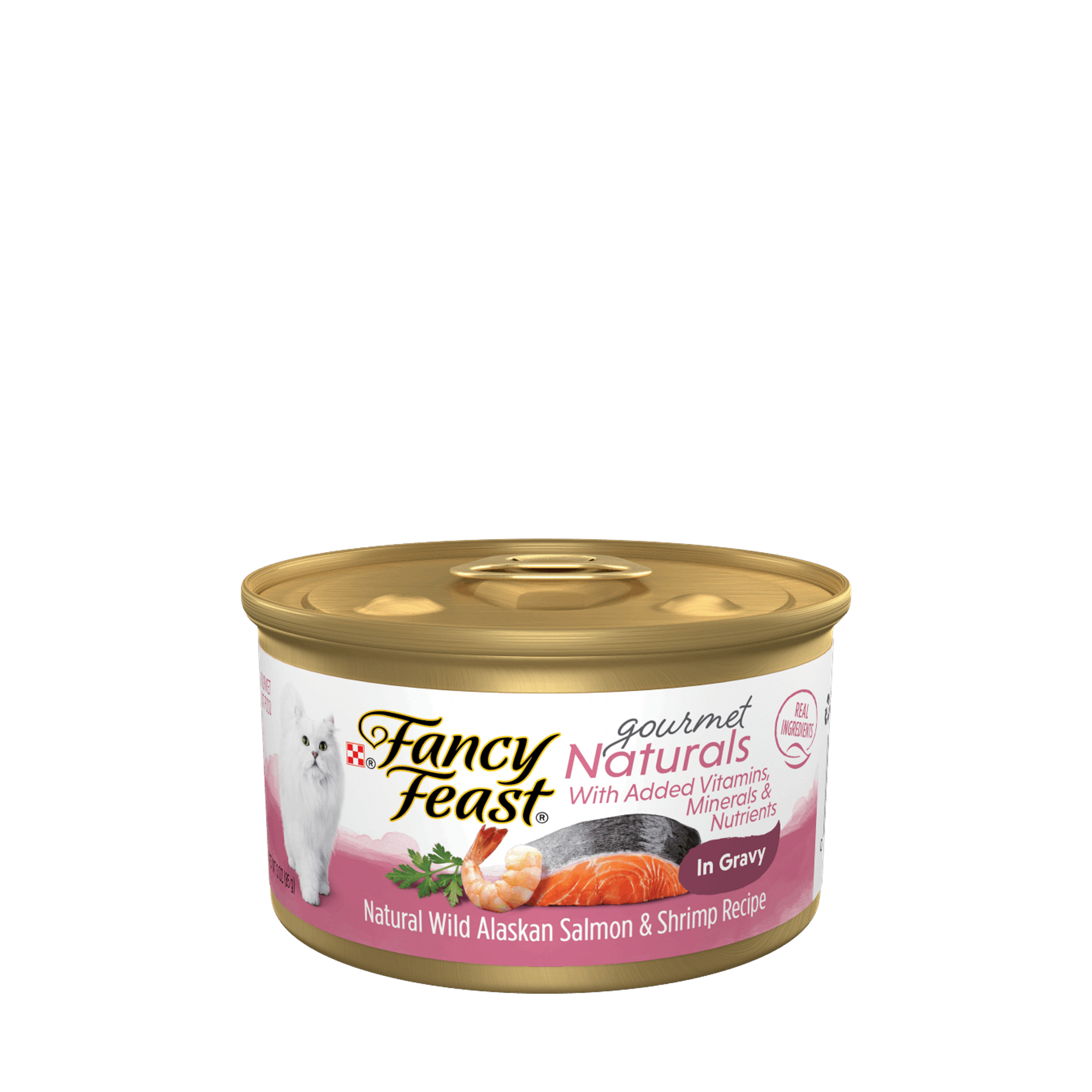 Empaque de Purina® Fancy Feast® Alimento Húmedo Naturals Sabor Petit Filets de Salmón y Camarón, vista frontal