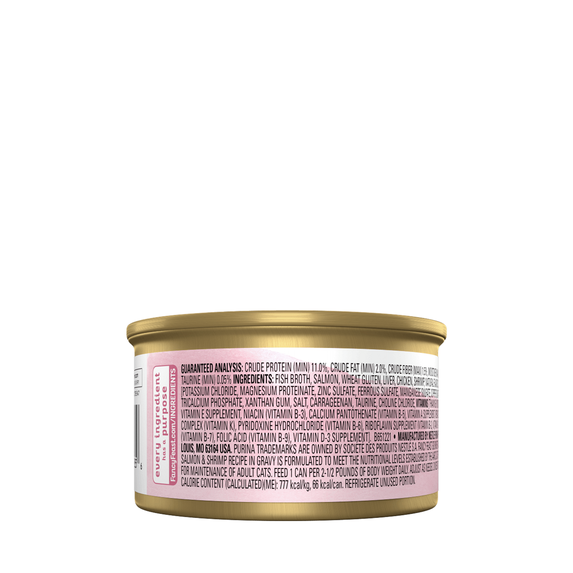 Empaque de Purina® Fancy Feast® Alimento Húmedo Naturals Sabor Petit Filets de Salmón y Camarón, vista posterior