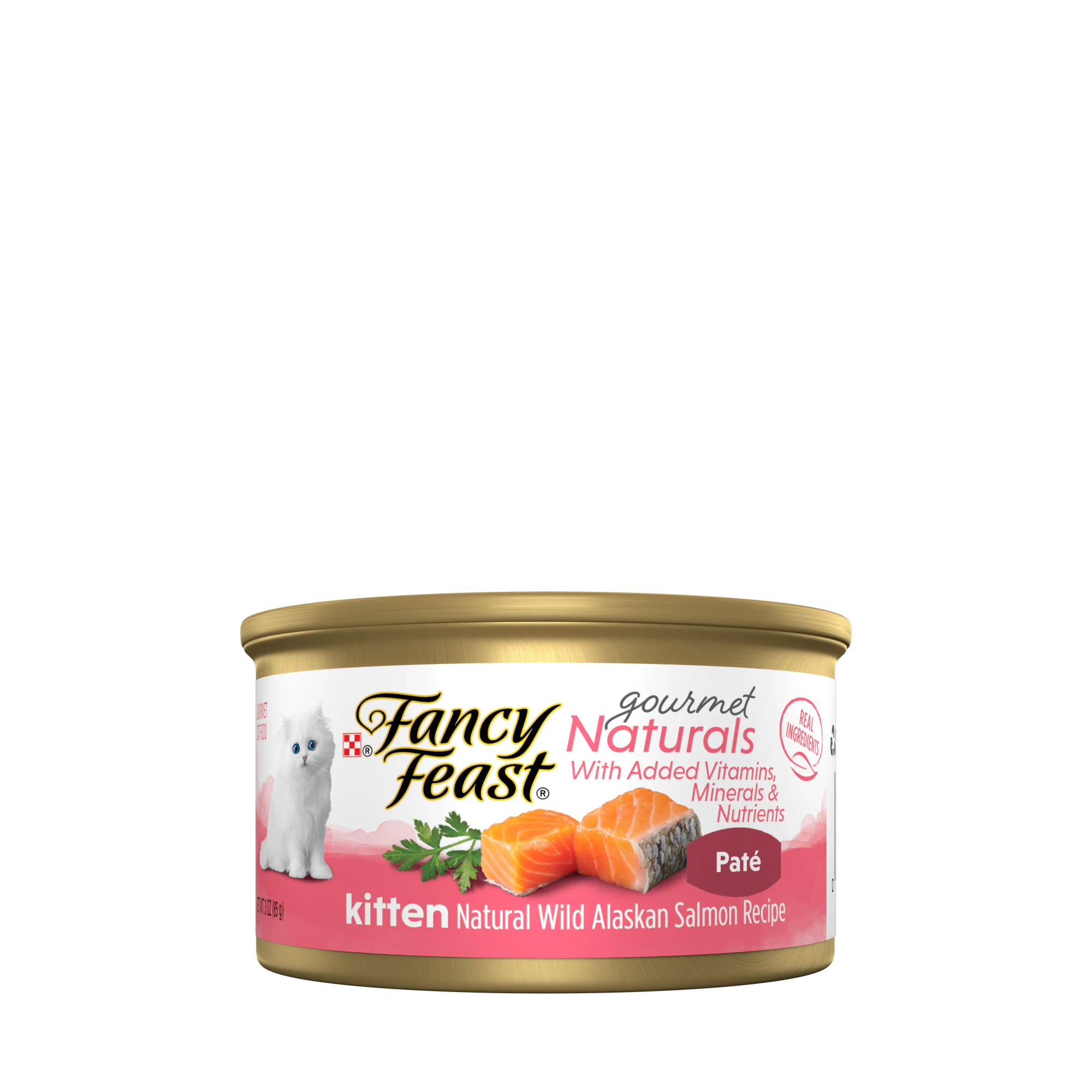 Empaque de Purina® Fancy Feast® Alimento Húmedo Para Gatitos Gourmet Naturals Sabor Salmón, vista frontal