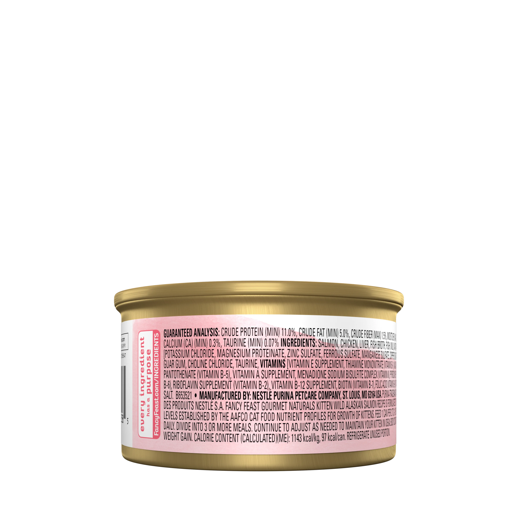 Empaque de Purina® Fancy Feast® Alimento Húmedo Para Gatitos Gourmet Naturals Sabor Salmón, vista posterior
