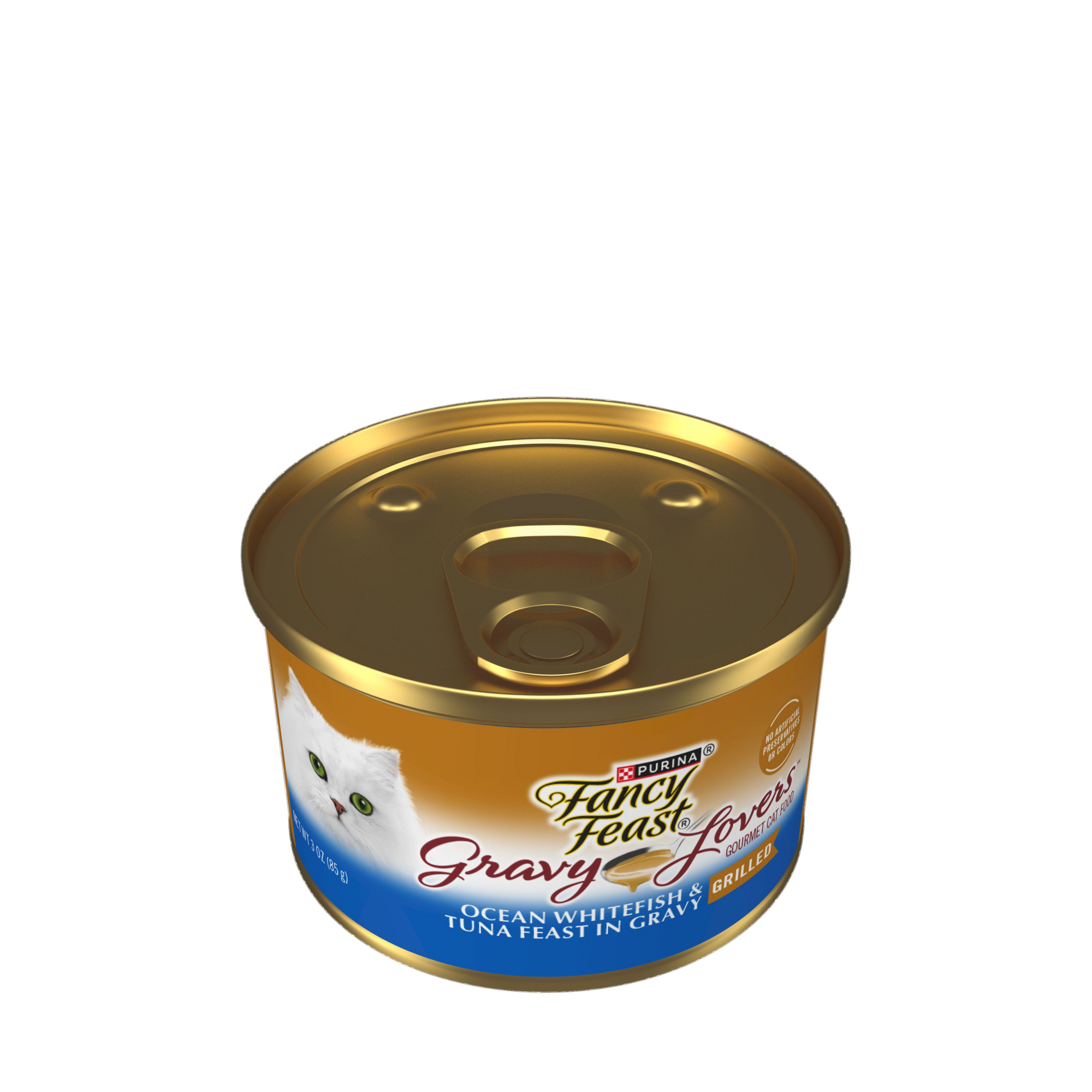 Empaque de Purina® Fancy Feast® Alimento Húmedo Para Gatos Adultos Casserole Sabor Pescado Blanco y Atún, vista lateral