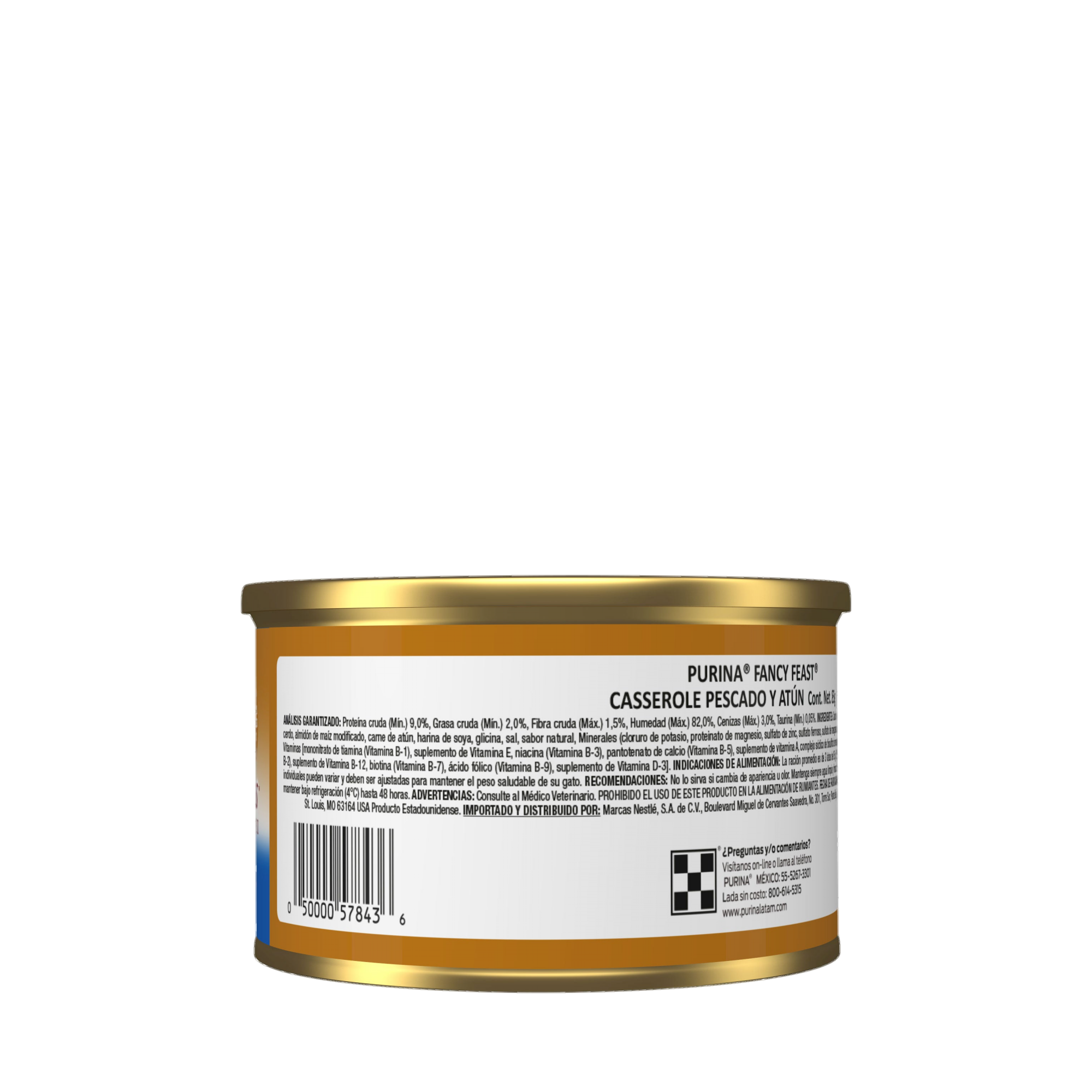 Empaque de Purina® Fancy Feast® Alimento Húmedo Para Gatos Adultos Casserole Sabor Pescado Blanco y Atún, vista posterior