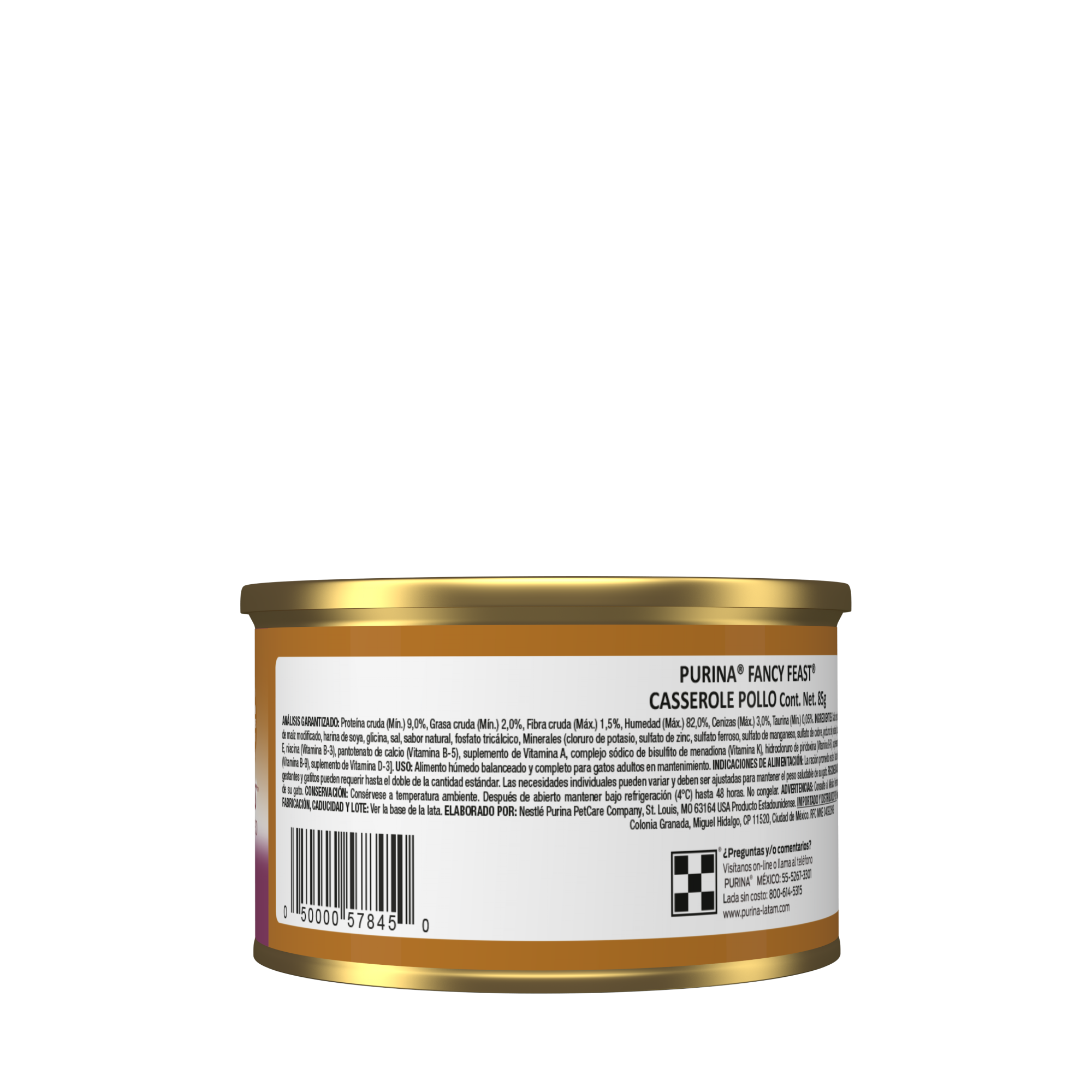 Empaque de Purina® Fancy Feast® Alimento Húmedo Para Gatos Adultos Casserole Sabor Pollo, vista posterior