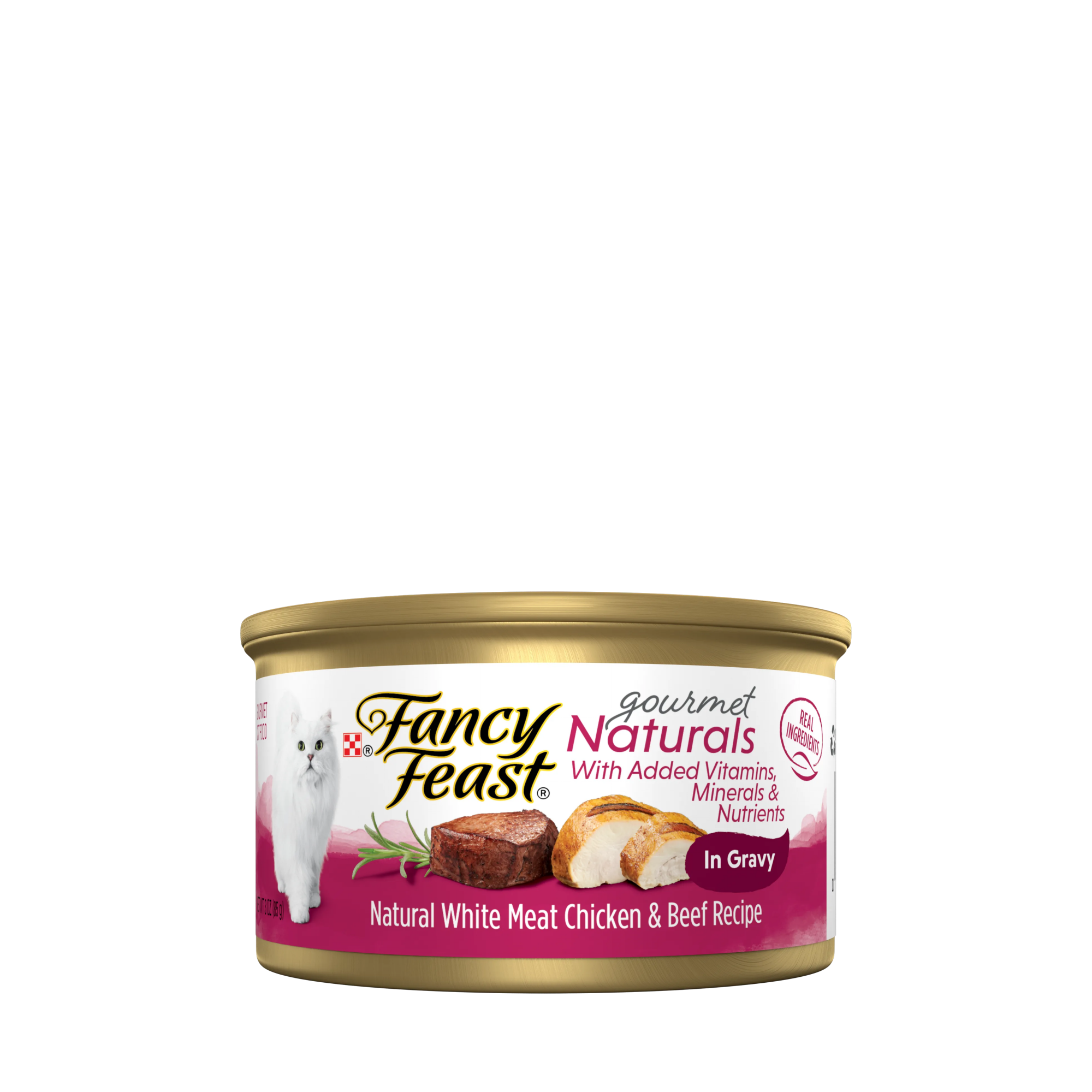 Empaque de Purina® Fancy Feast® Alimento Húmedo Para Gatos Adultos Gourmet Naturals Sabor Carne y Pollo, vista frontal