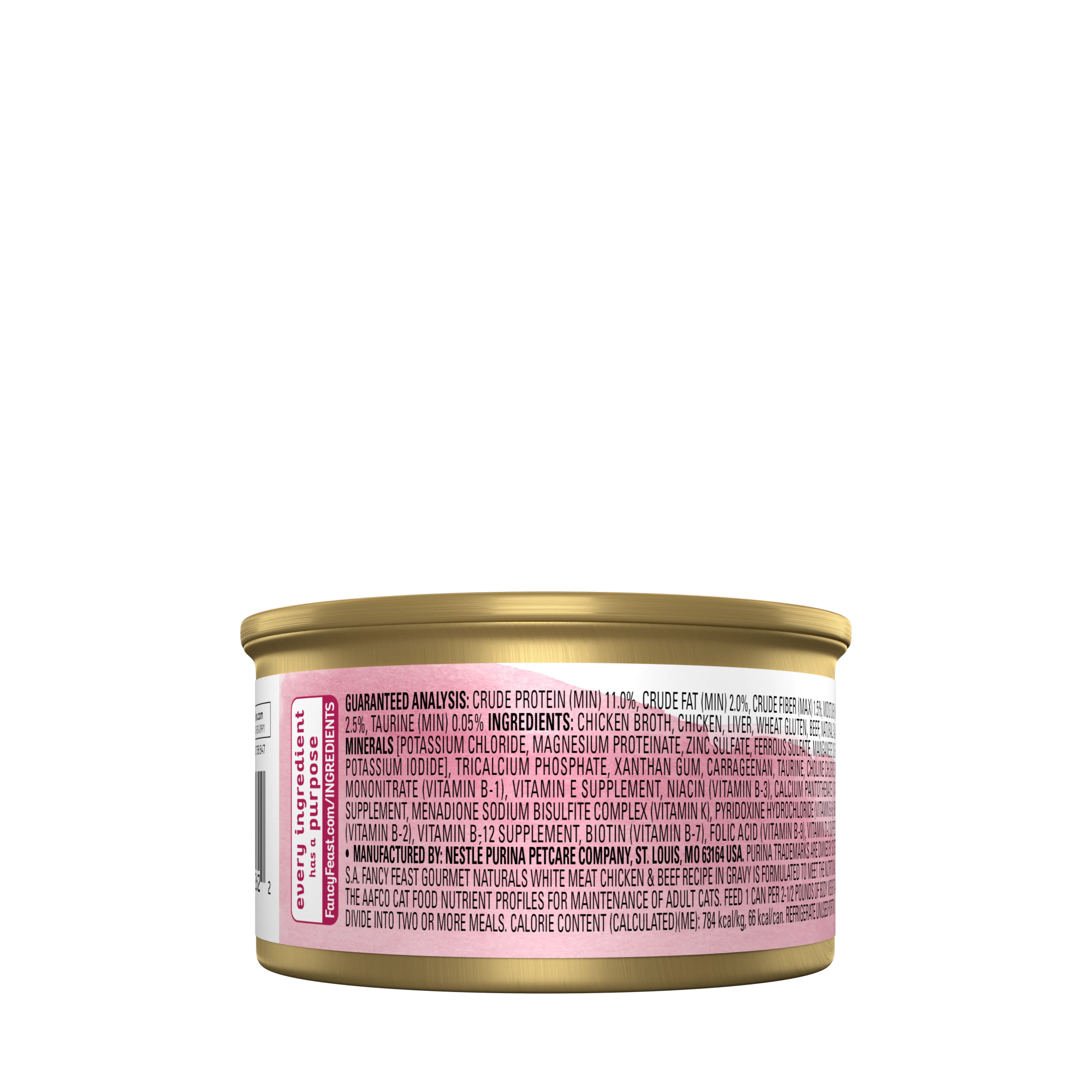 Empaque de Purina® Fancy Feast® Alimento Húmedo Para Gatos Adultos Gourmet Naturals Sabor Carne y Pollo, vista posterior