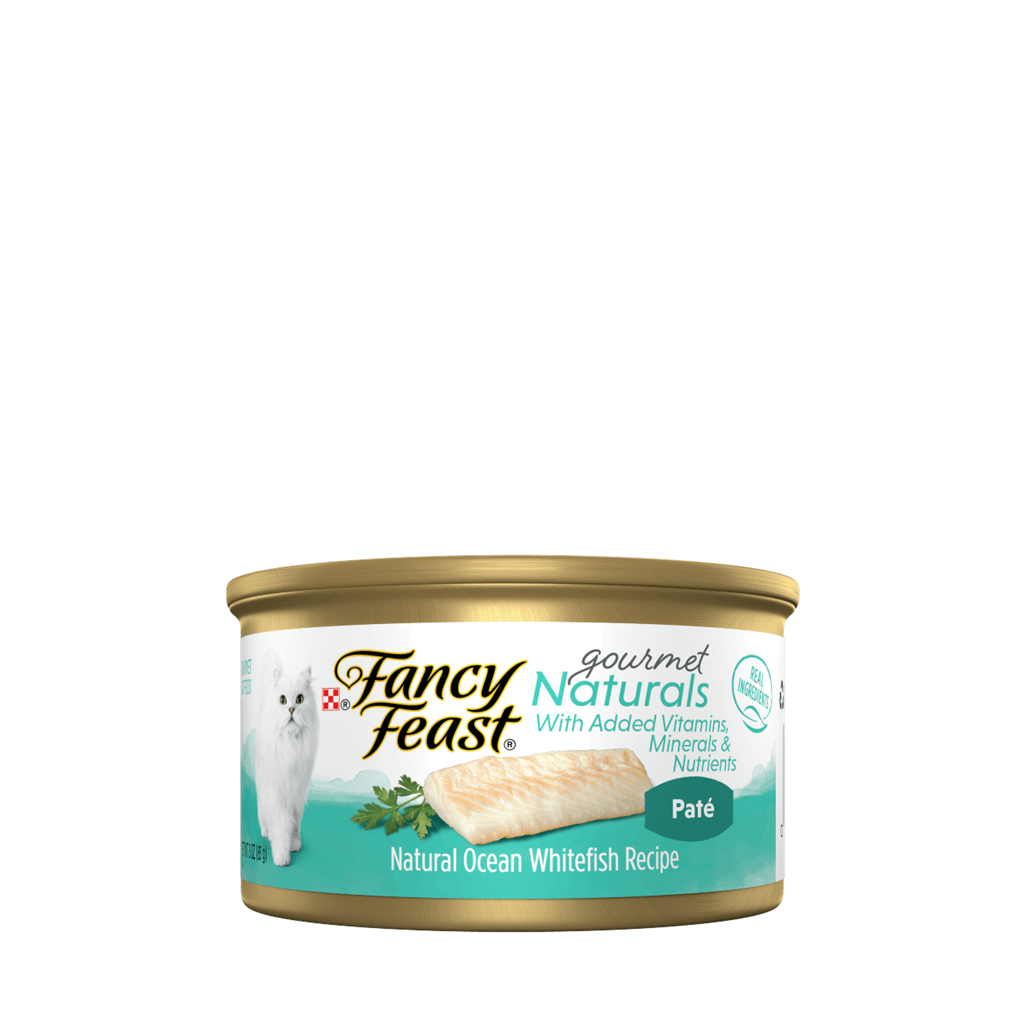 Empaque de Purina® Fancy Feast® Alimento Húmedo Para Gatos Adultos Gourmet Naturals Sabor Pescado Blanco, vista frontal