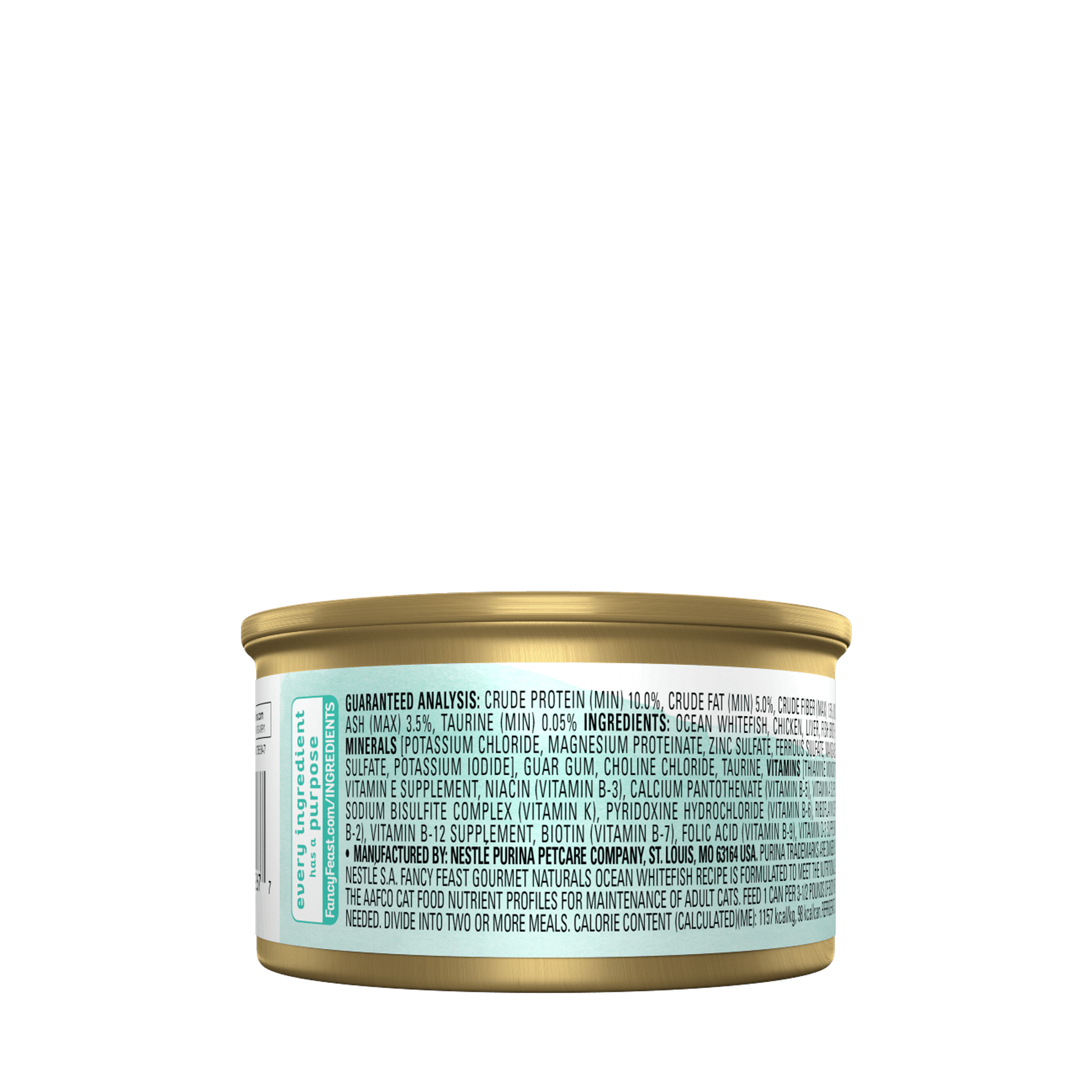 Empaque de Purina® Fancy Feast® Alimento Húmedo Para Gatos Adultos Gourmet Naturals Sabor Pescado Blanco, vista posterior