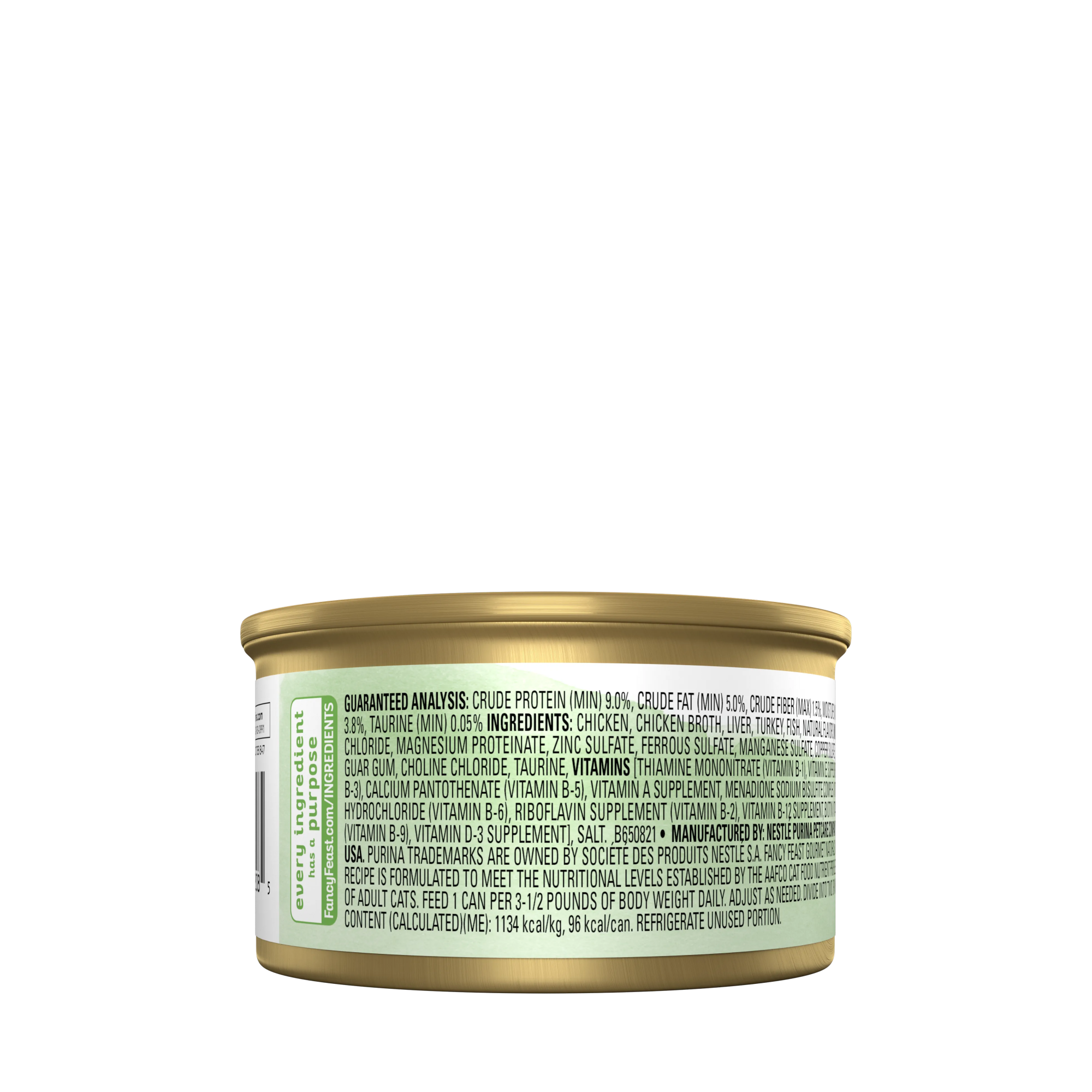 Empaque de Purina® Fancy Feast® Alimento Húmedo Para Gatos Adultos Naturals Sabor Mousse de Pollo, vista posterior