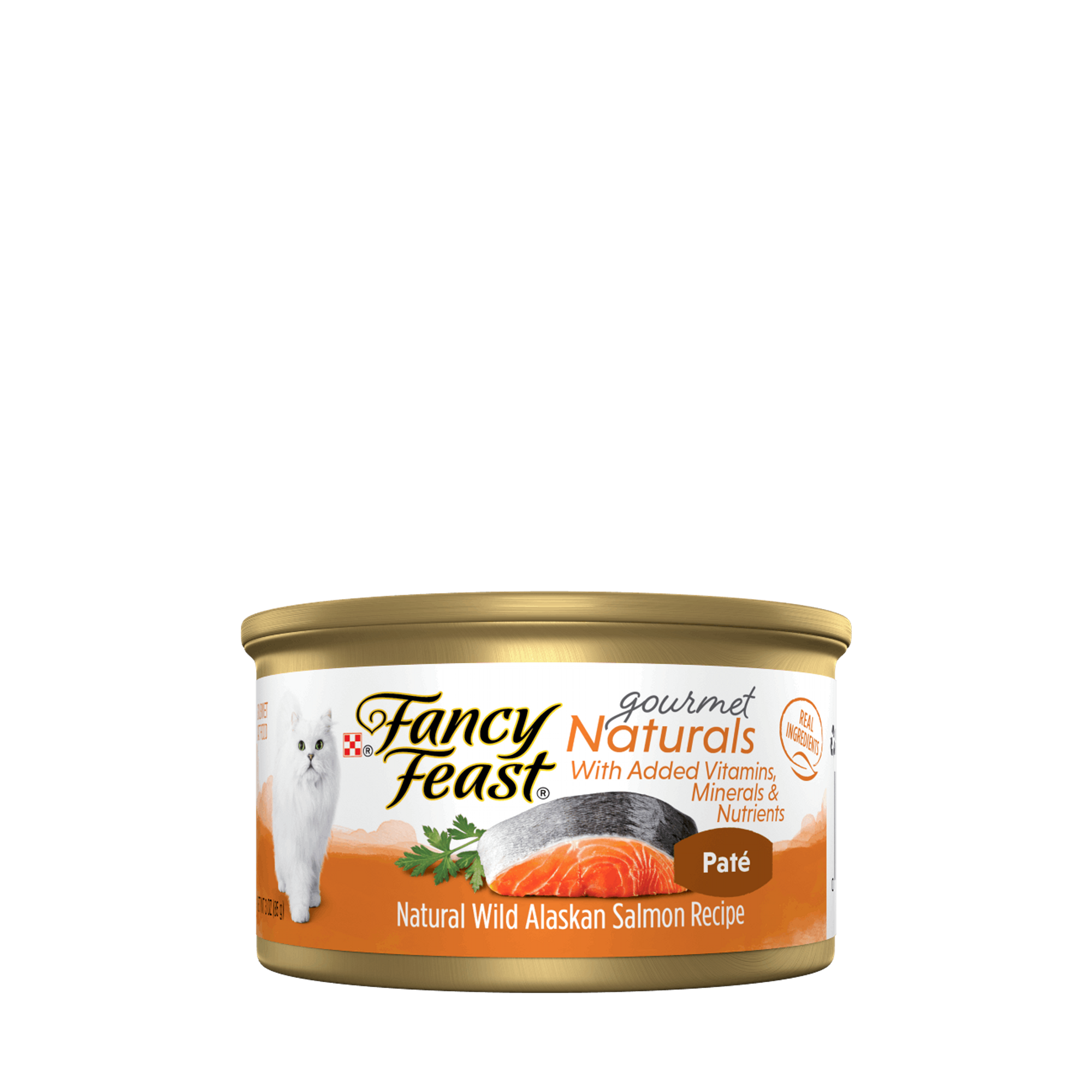Empaque de Purina® Fancy Feast® Alimento Húmedo Para Gatos Adultos Naturals Sabor Mousse de Salmón, vista frontal