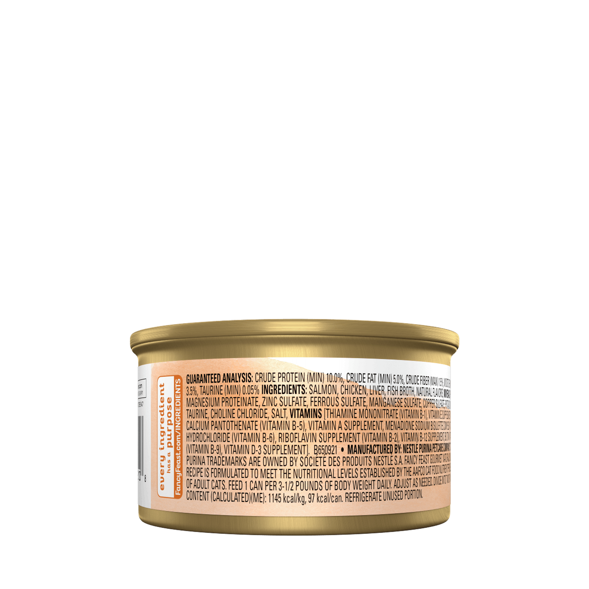 Empaque de Purina® Fancy Feast® Alimento Húmedo Para Gatos Adultos Naturals Sabor Mousse de Salmón, vista posterior