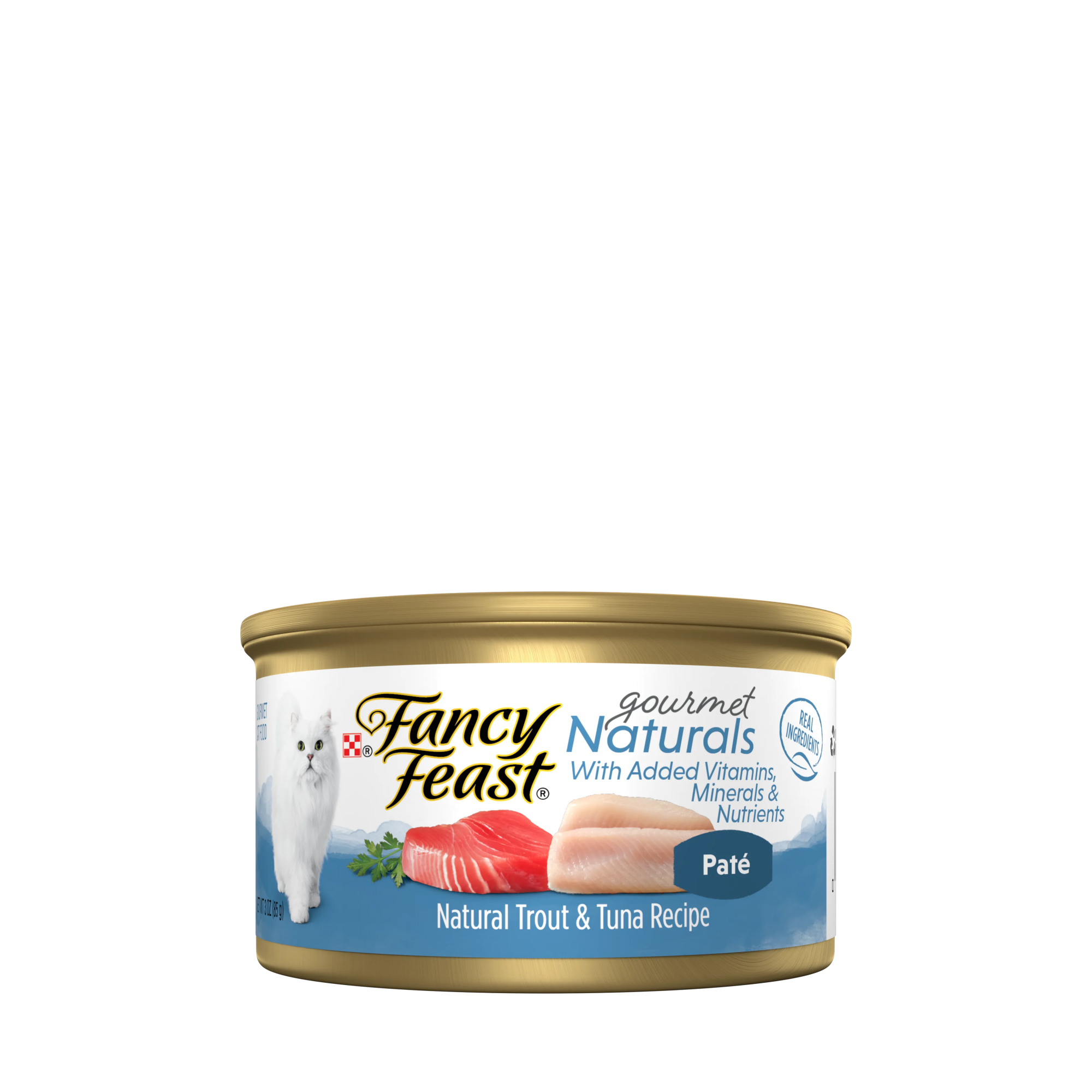 Empaque de Purina® Fancy Feast® Alimento Húmedo Para Gatos Adultos Naturals Sabor Mousse Trucha y Atún, vista frontal