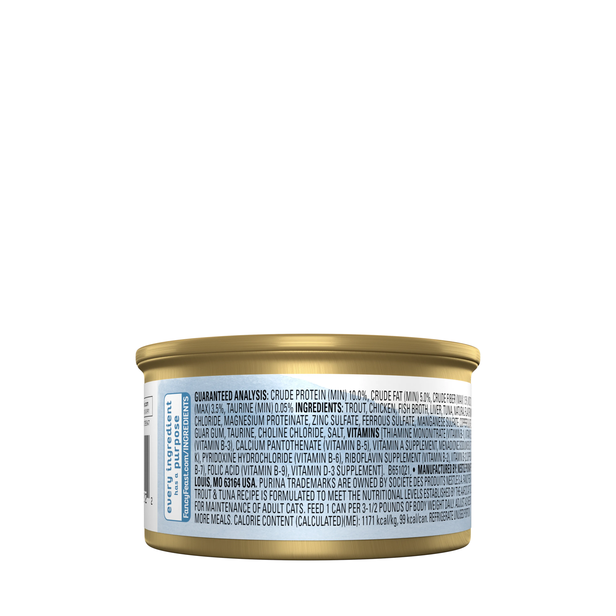 Empaque de Purina® Fancy Feast® Alimento Húmedo Para Gatos Adultos Naturals Sabor Mousse Trucha y Atún, vista posterior