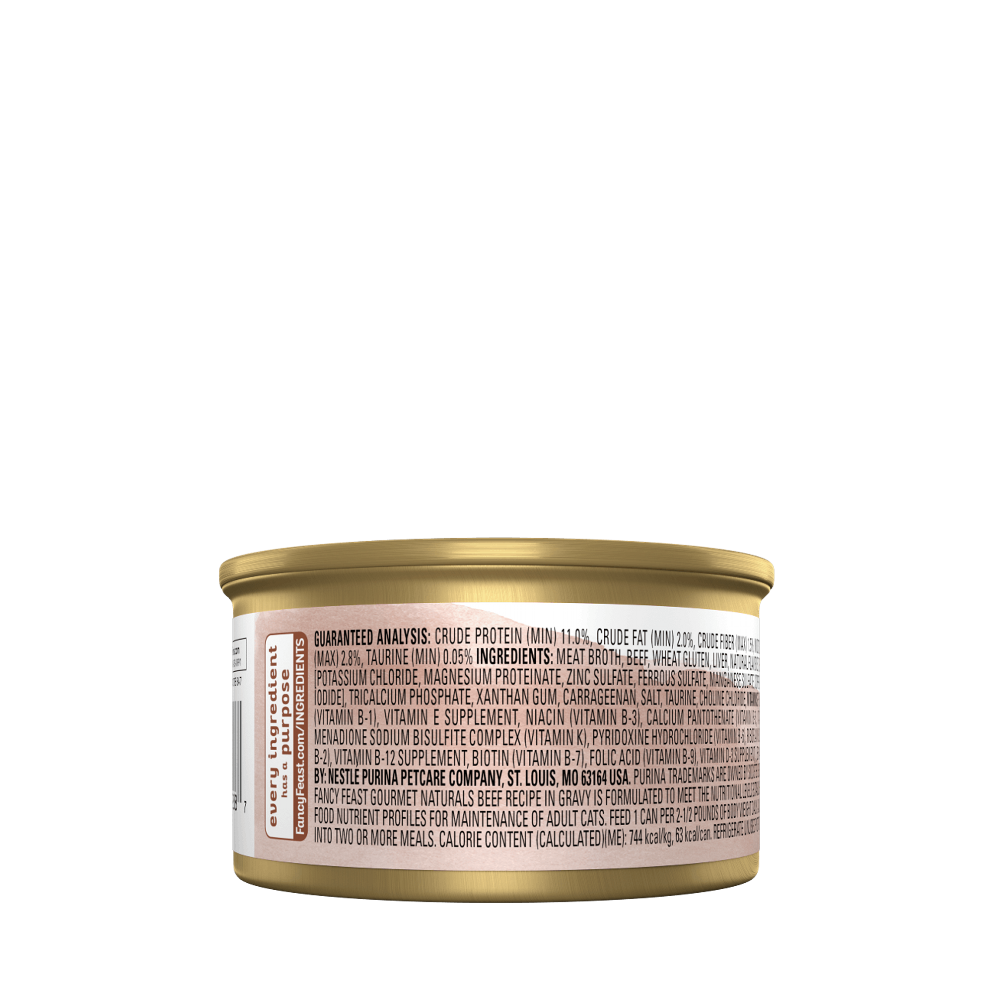 Empaque de Purina® Fancy Feast® Alimento Húmedo Para Gatos Adultos Naturals Sabor Petit Filets de Res, vista posterior