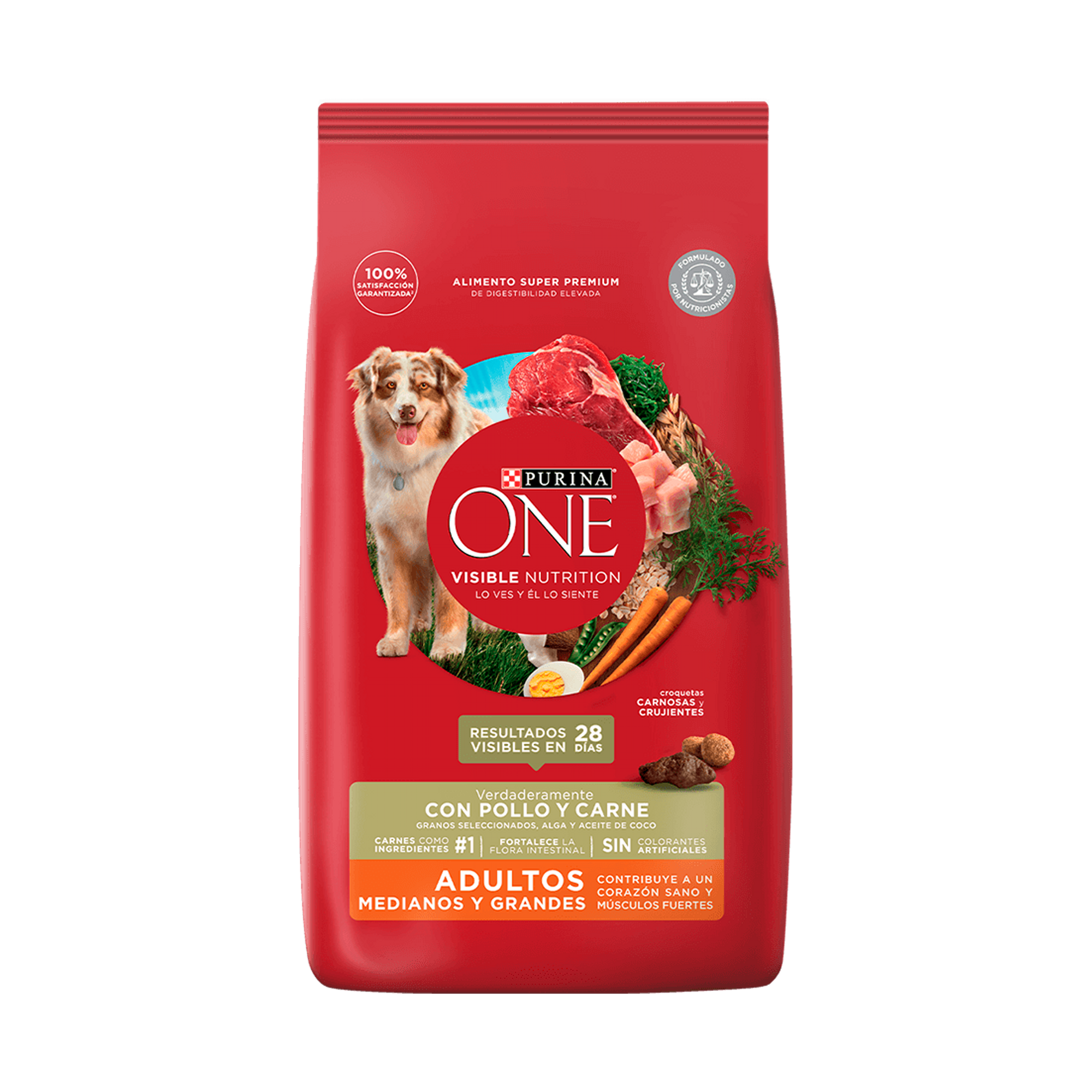 Empaque de Purina® One® Adultos medianos y grandes pollo y carne, vista frontal