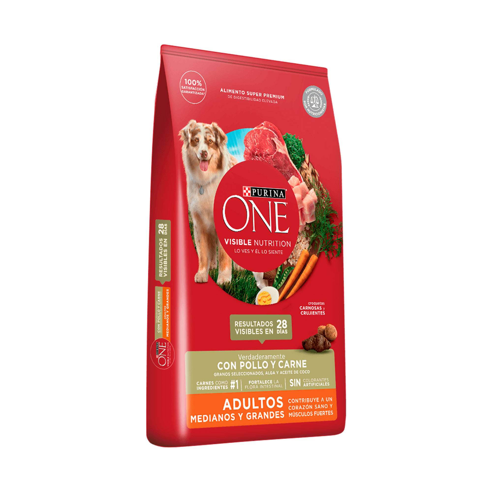 Empaque de Purina® One® Adultos medianos y grandes pollo y carne, vista lateral
