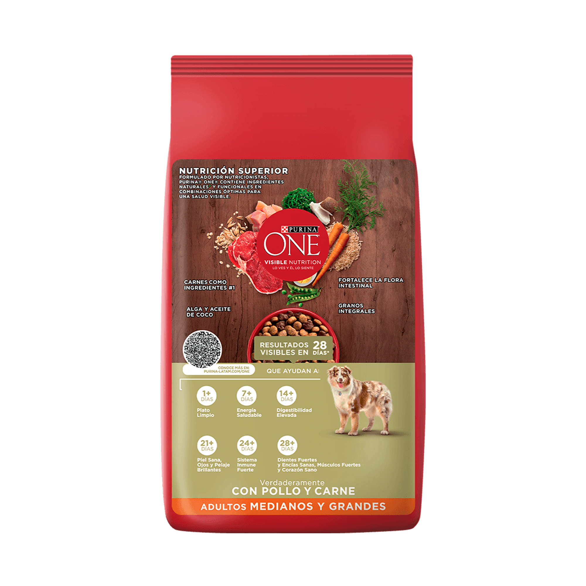 Empaque de Purina® One® Adultos medianos y grandes pollo y carne, vista posterior