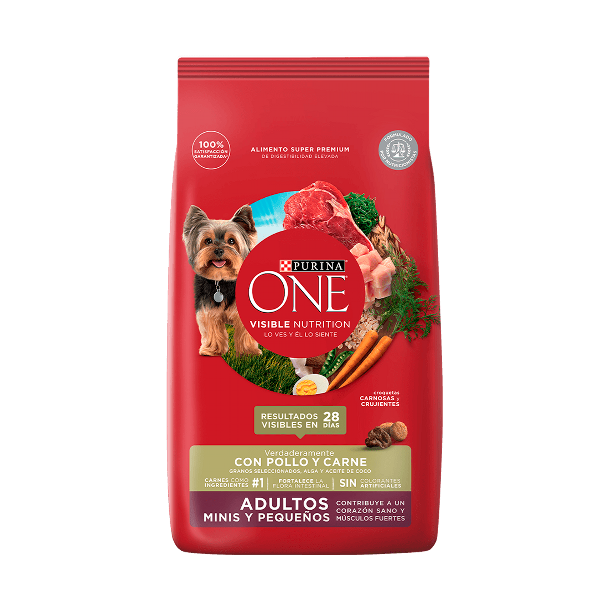 Empaque de Purina® One® Adultos minis y pequeños pollo y carne, vista frontal