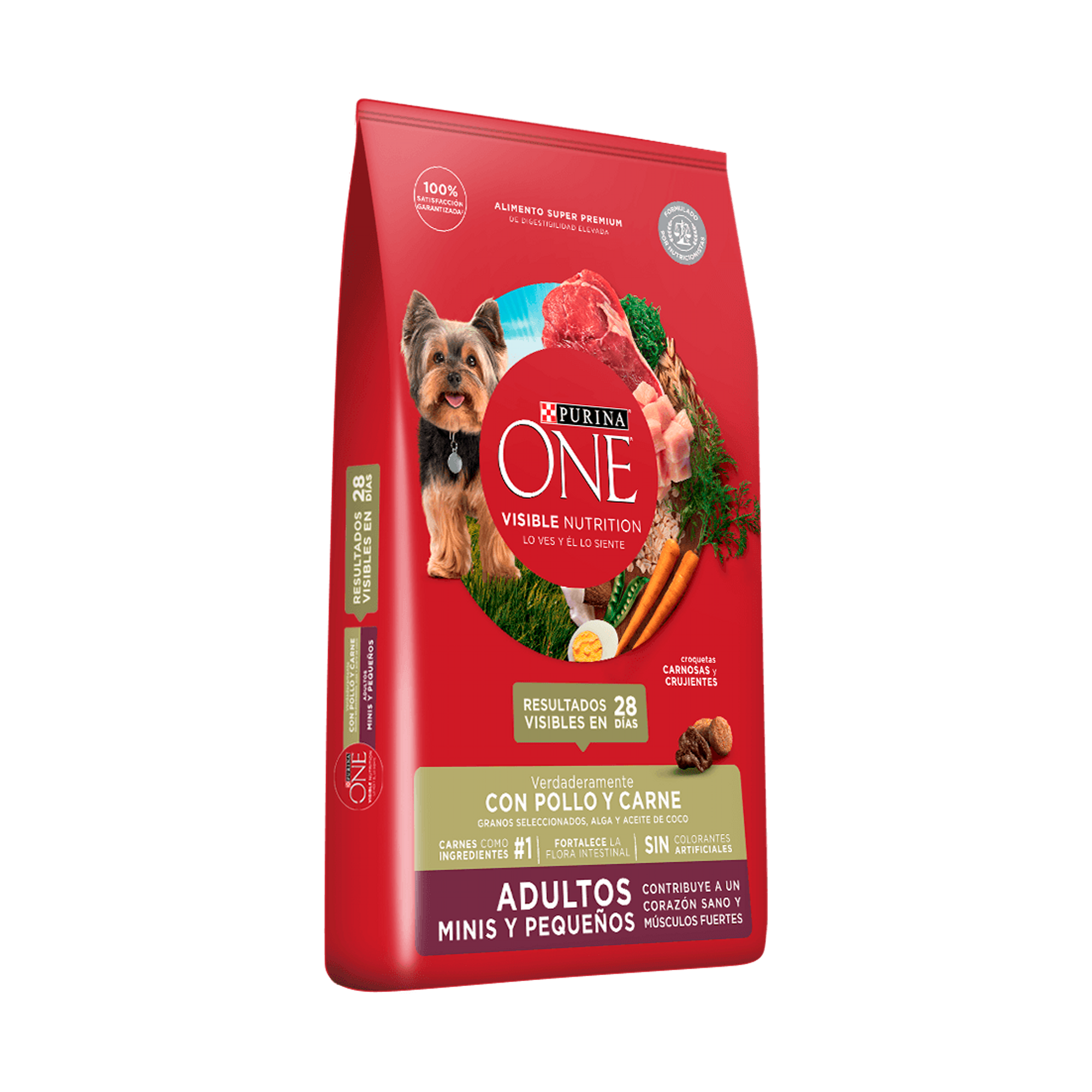 Empaque de Purina® One® Adultos minis y pequeños pollo y carne, vista lateral