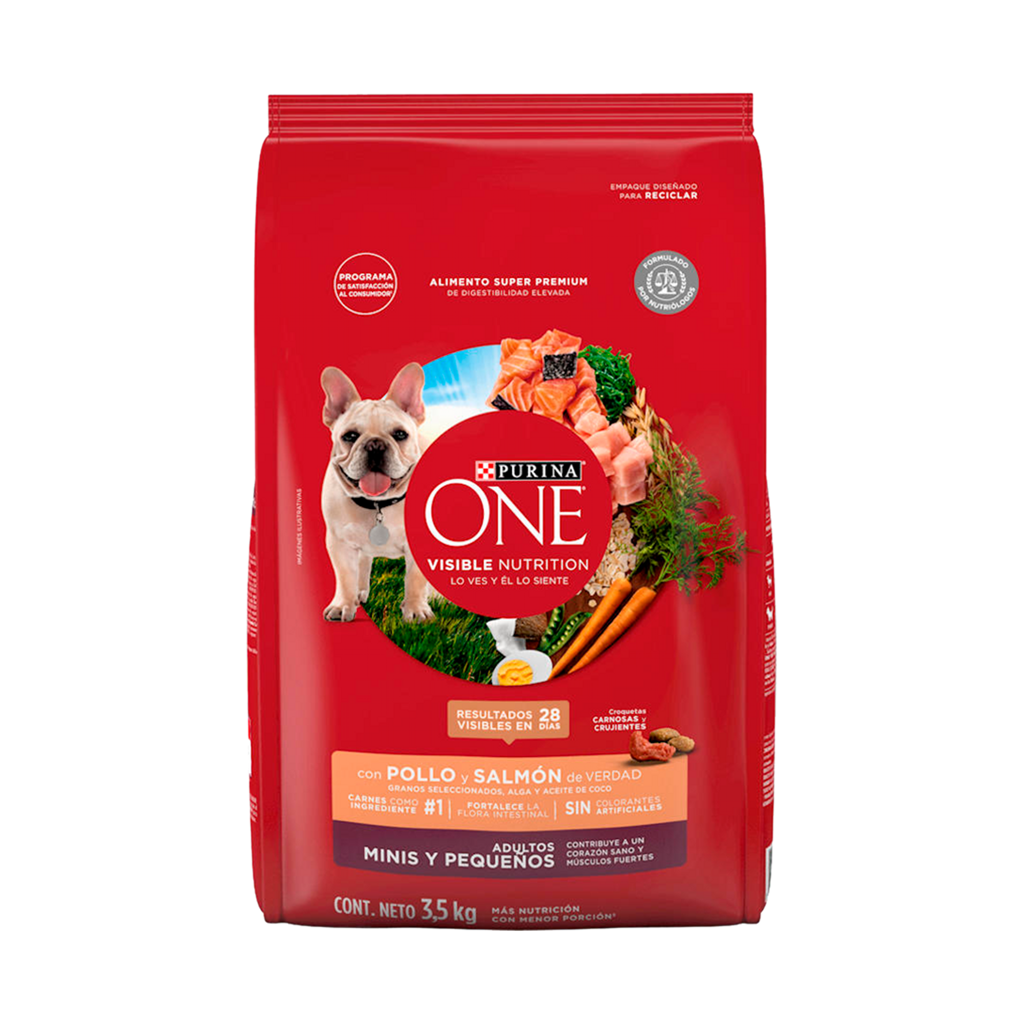 Empaque de Purina® One® Adultos minis y pequeños pollo y salmón, vista frontal