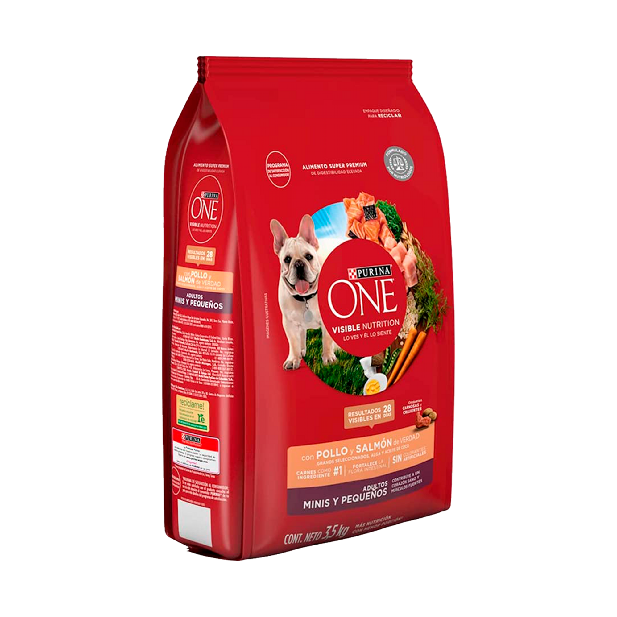 Empaque de Purina® One® Adultos minis y pequeños pollo y salmón, vista lateral