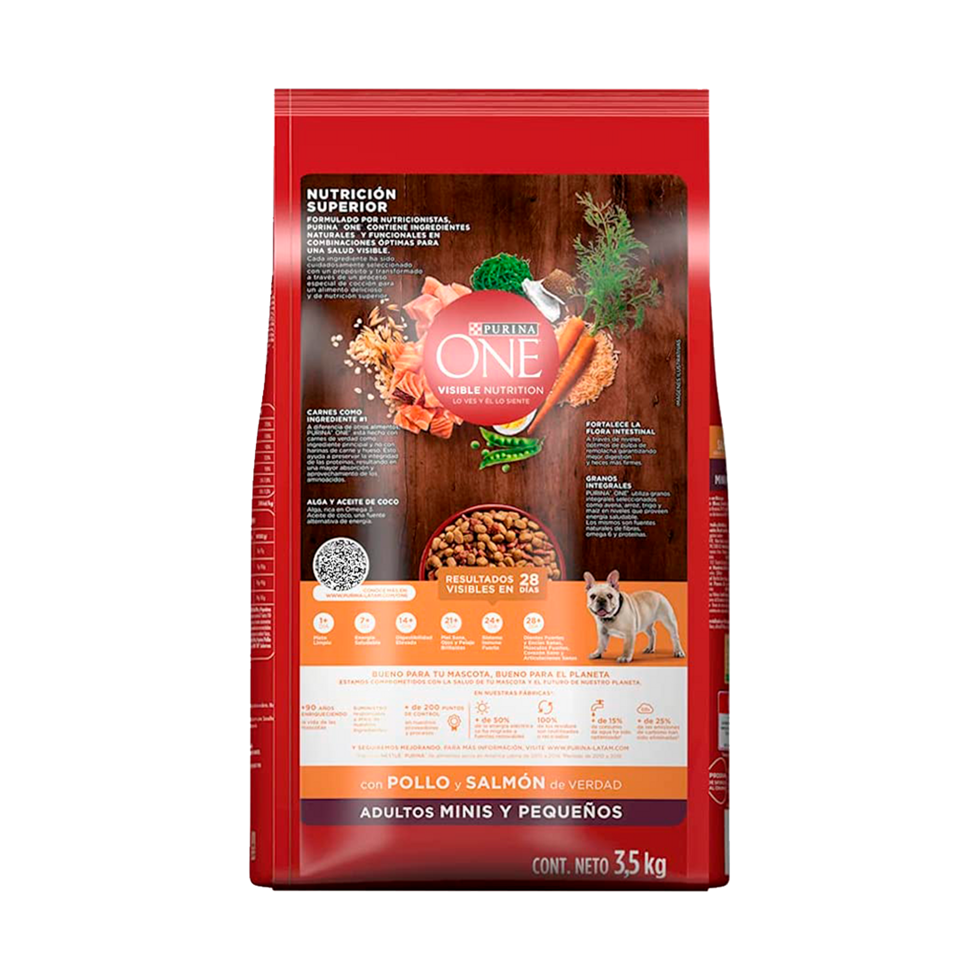 Empaque de Purina® One® Adultos minis y pequeños pollo y salmón, vista posterior