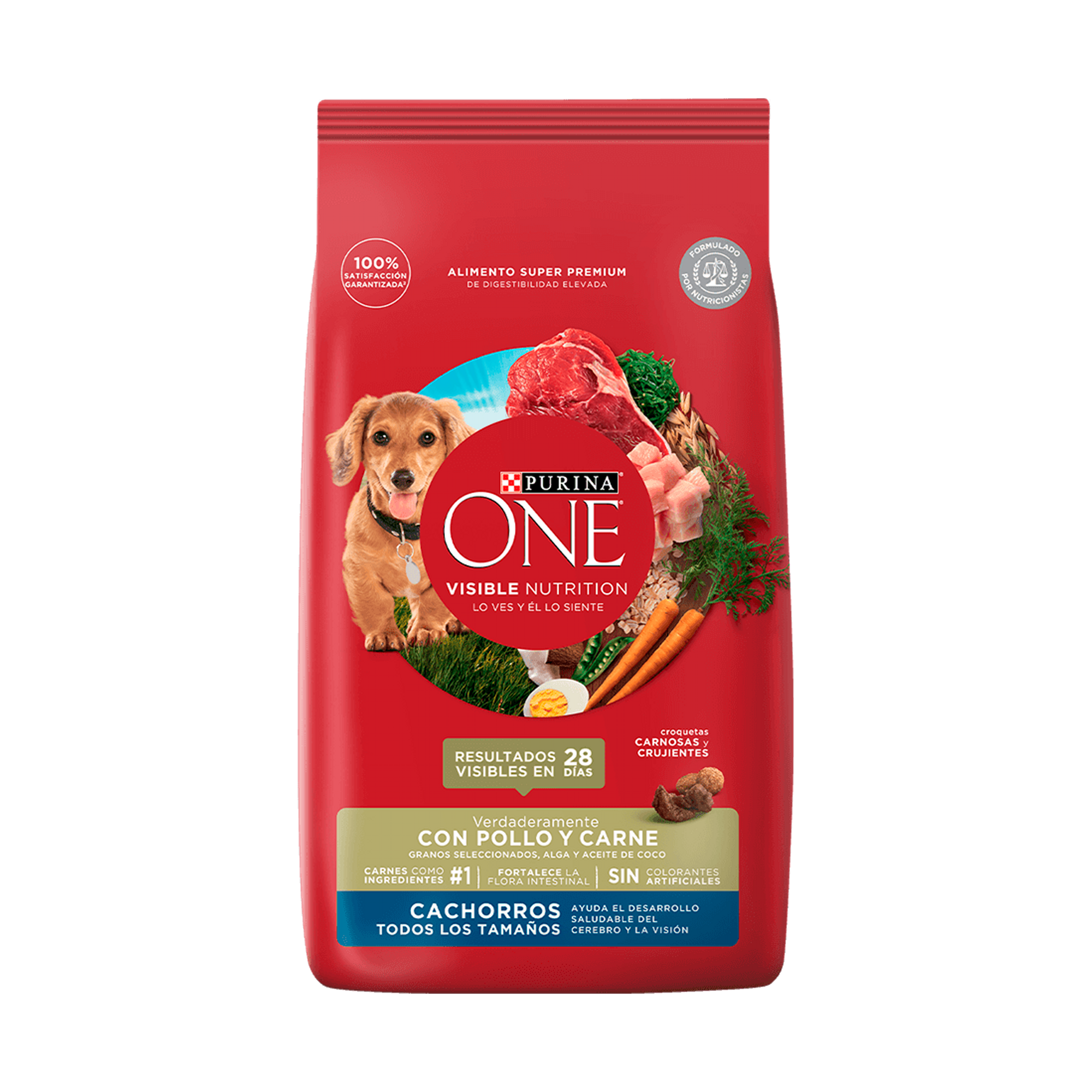 Empaque de Purina® One® Cachorros todos los tamaños con pollo y carne, vista frontal